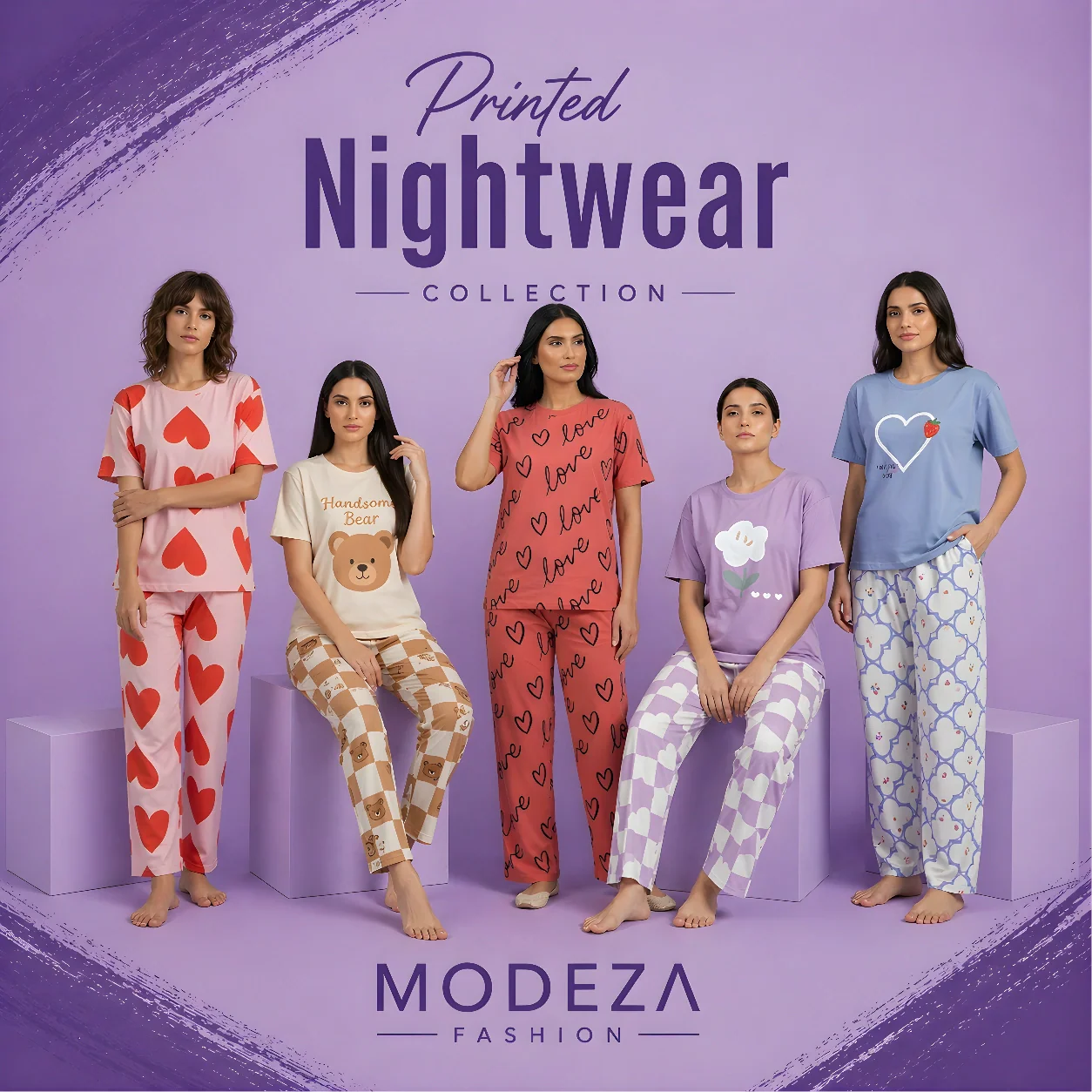 Women's printed cotton nightwear sets Pakistan - cute elegant night suits Modeza Fashion