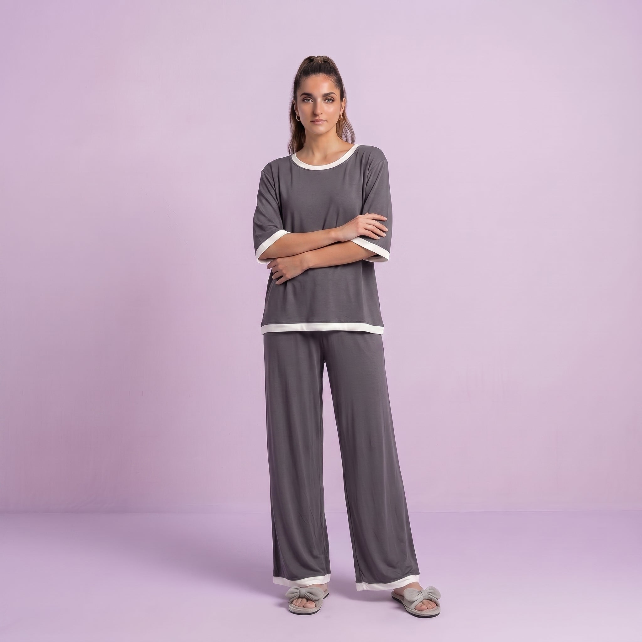 Grey White Round Neck Palazzo