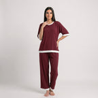 Maroon White Round Neck Palazzo