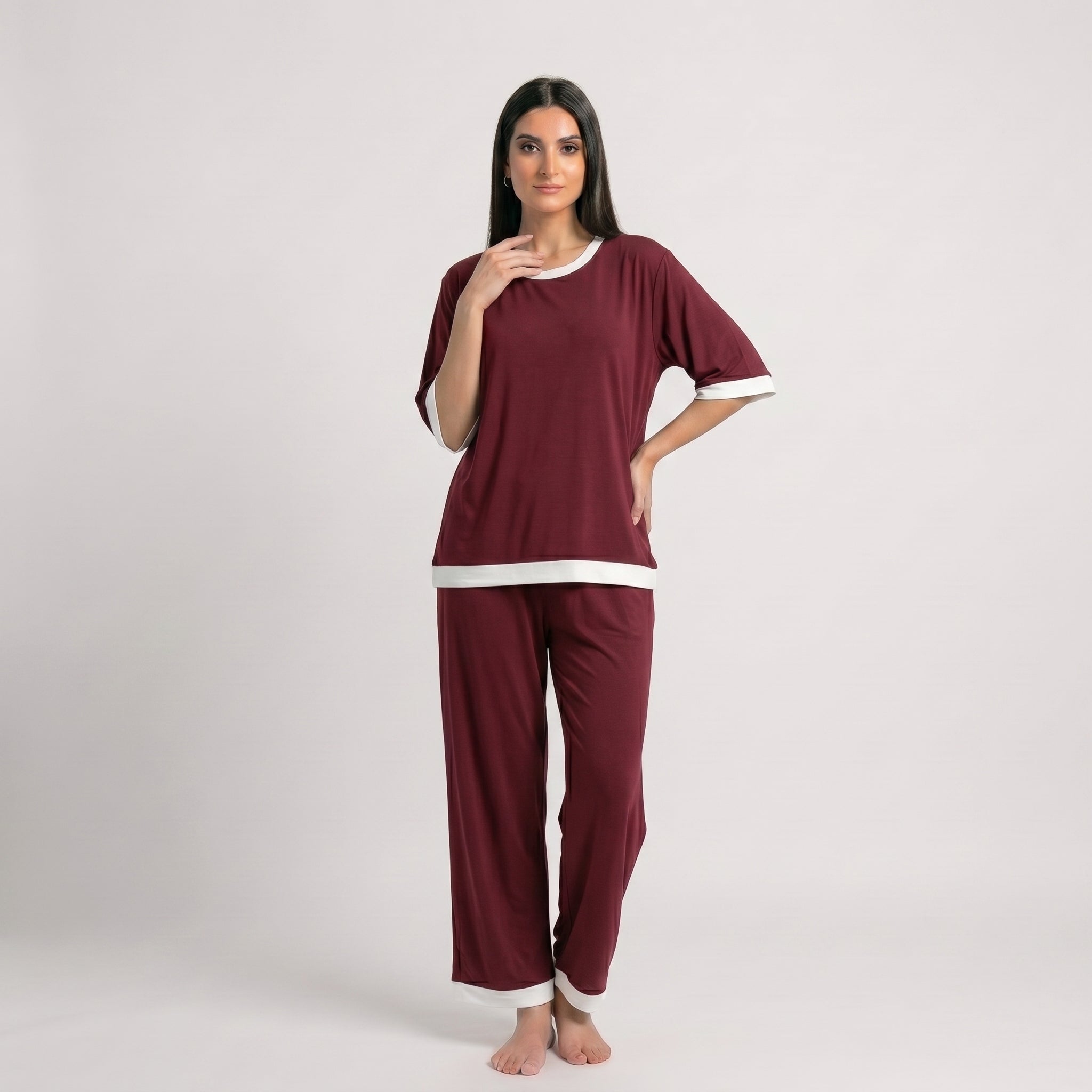 Maroon White Round Neck Palazzo