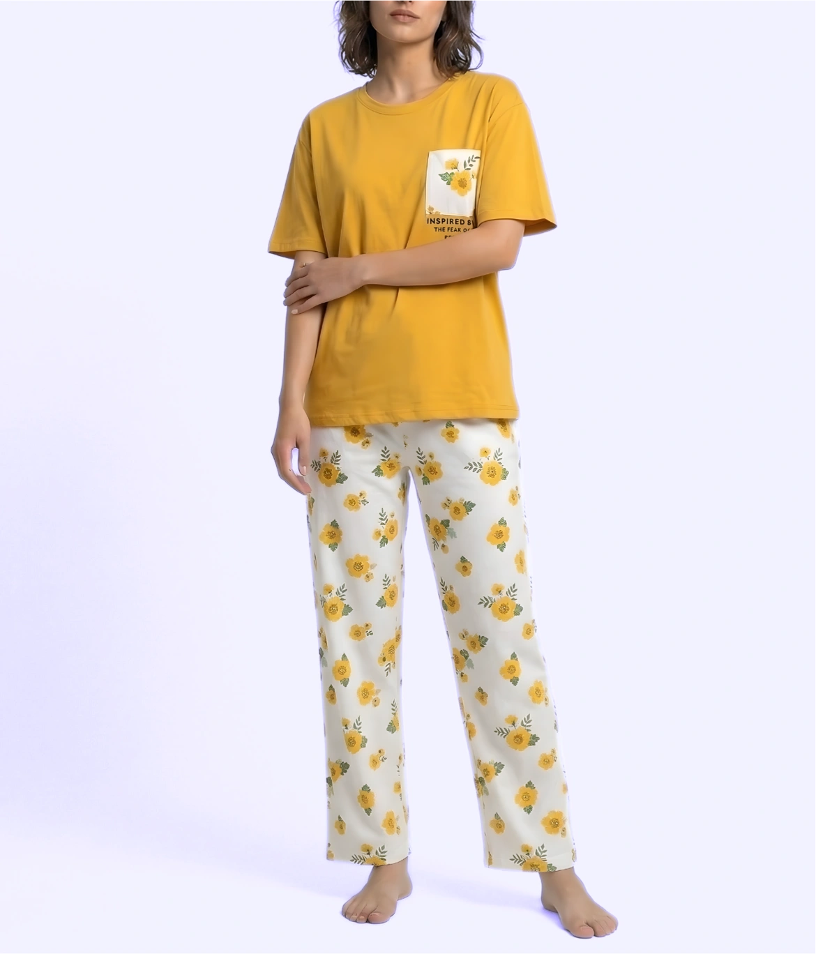 Mustard Pocket Print Cotton Nightwear