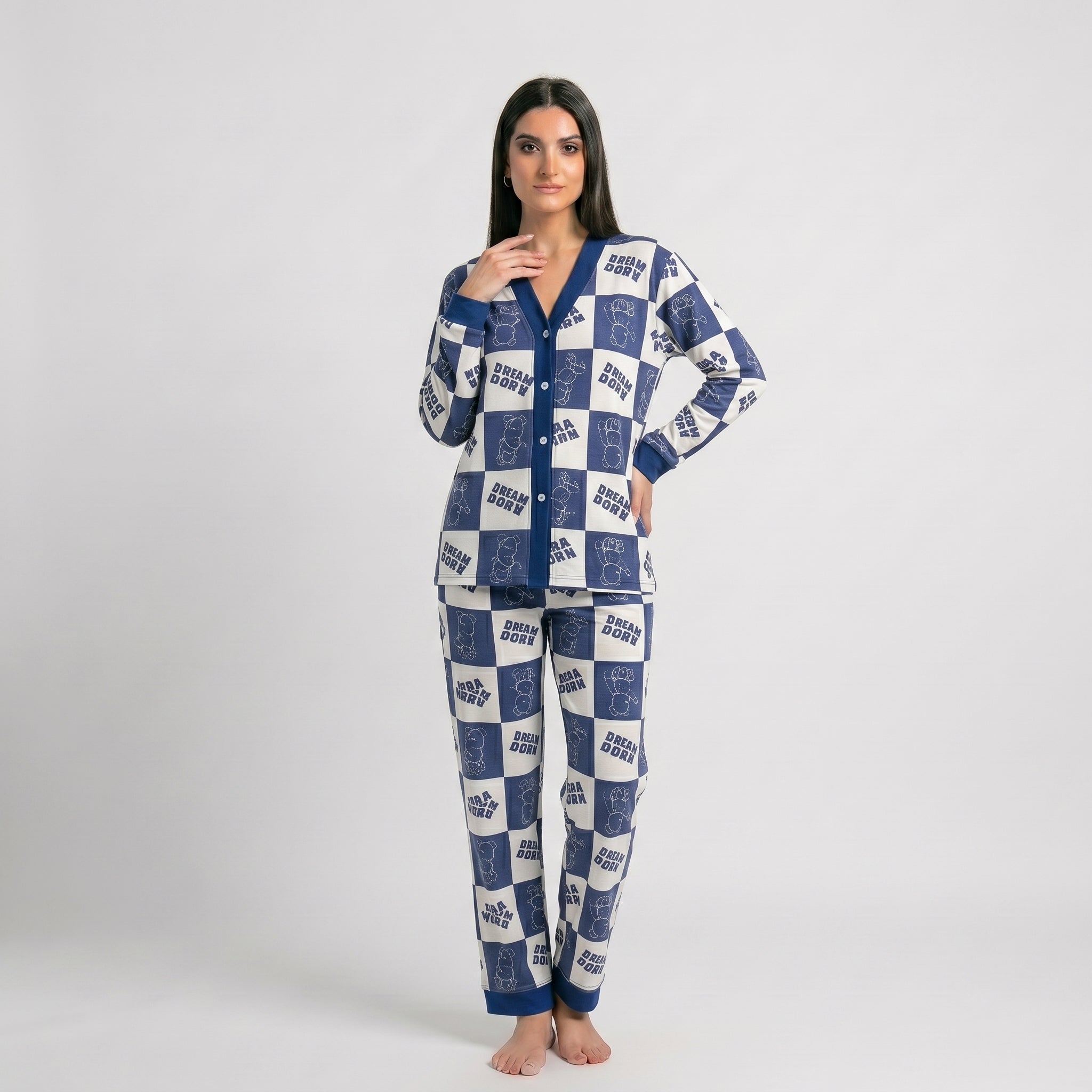 Blue with White Doraemon V-Neck Button