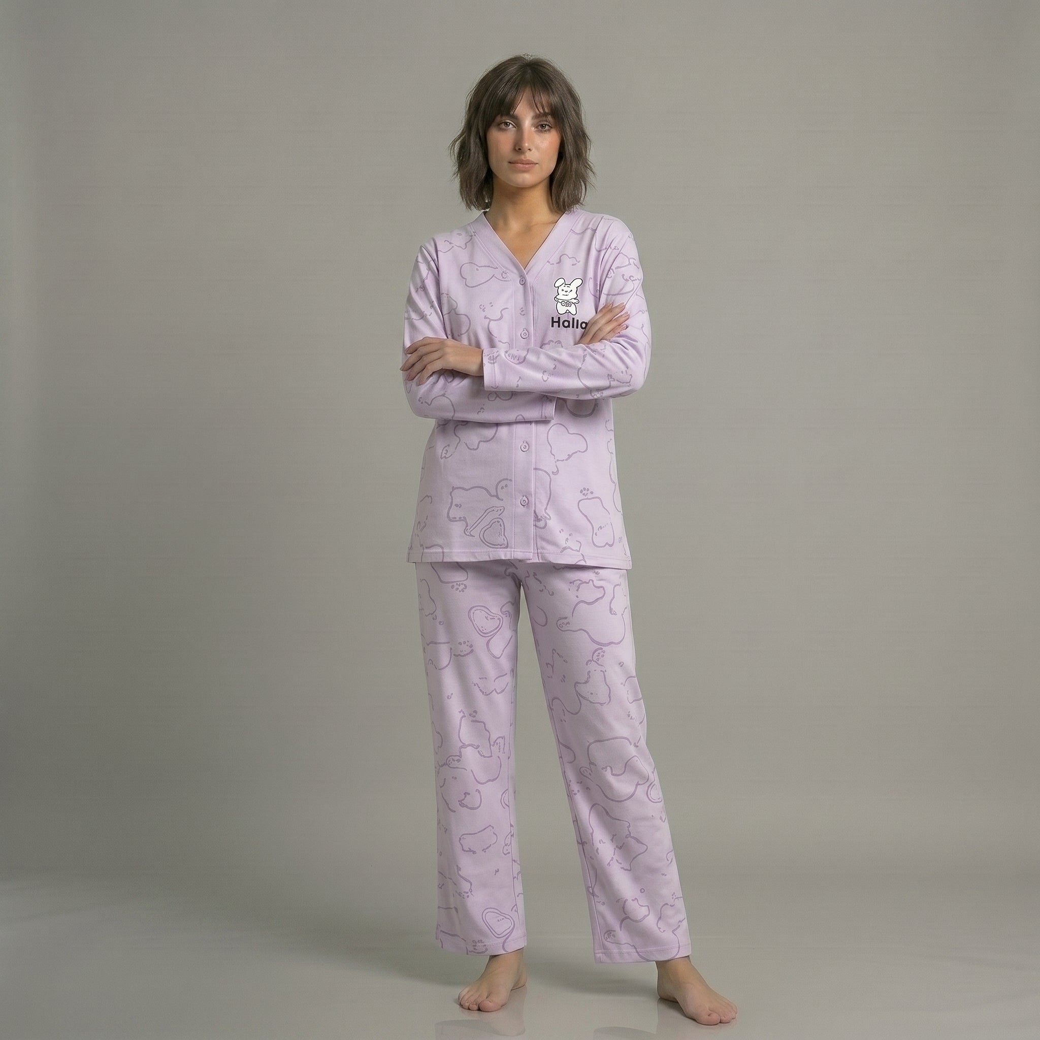 Lilac Love Bunny Printed V-Neck Button