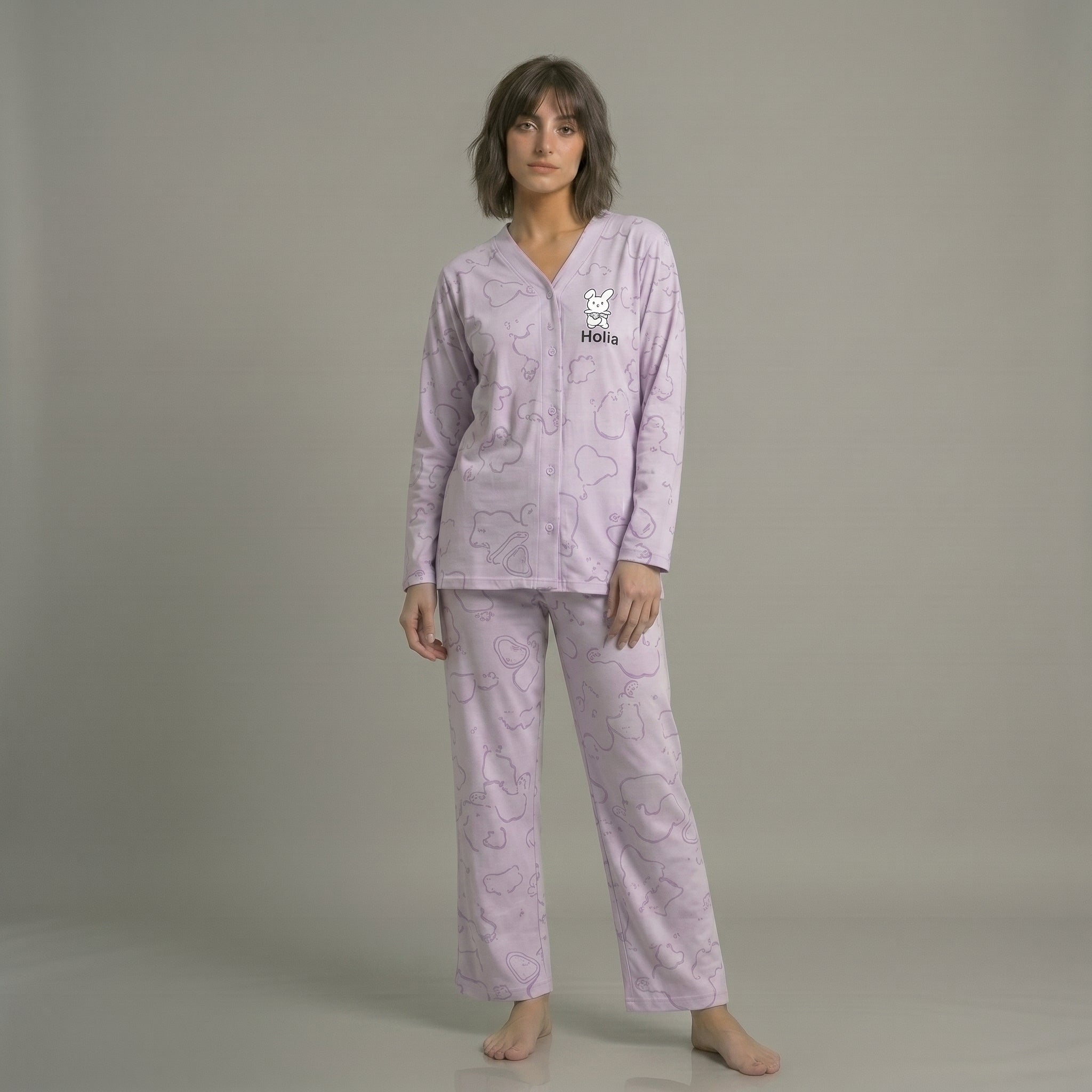 Lilac Love Bunny Printed V-Neck Button