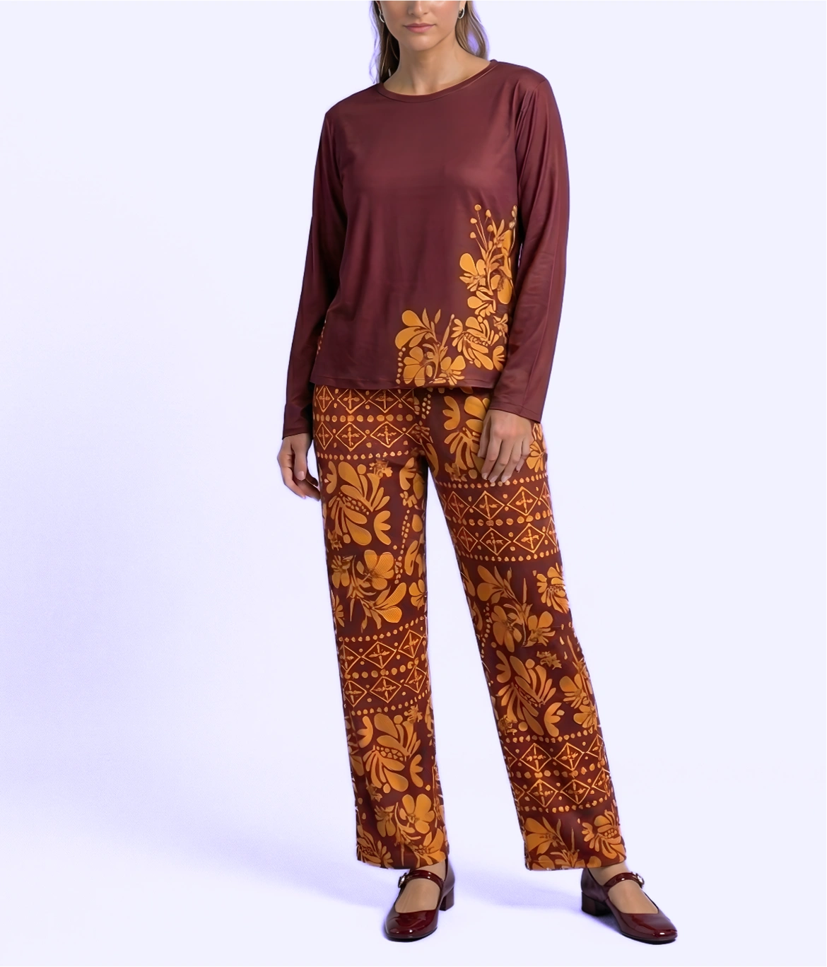 Maroon Leaf Print Cotton Nightwear