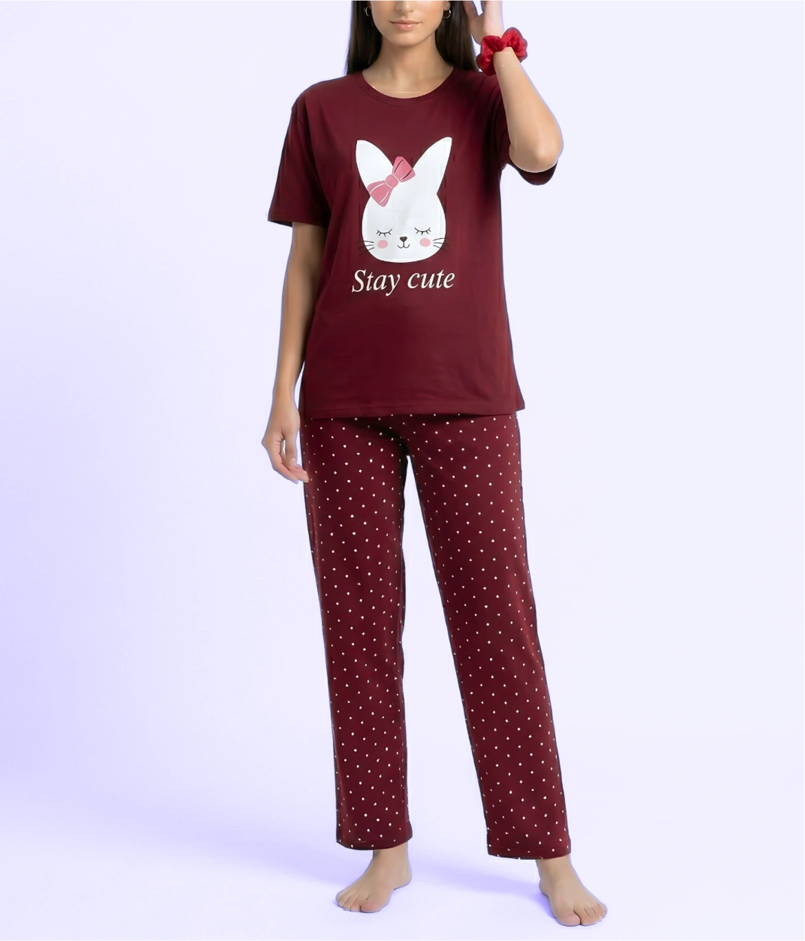 Maroon Stay Cute Print Nightwear Set