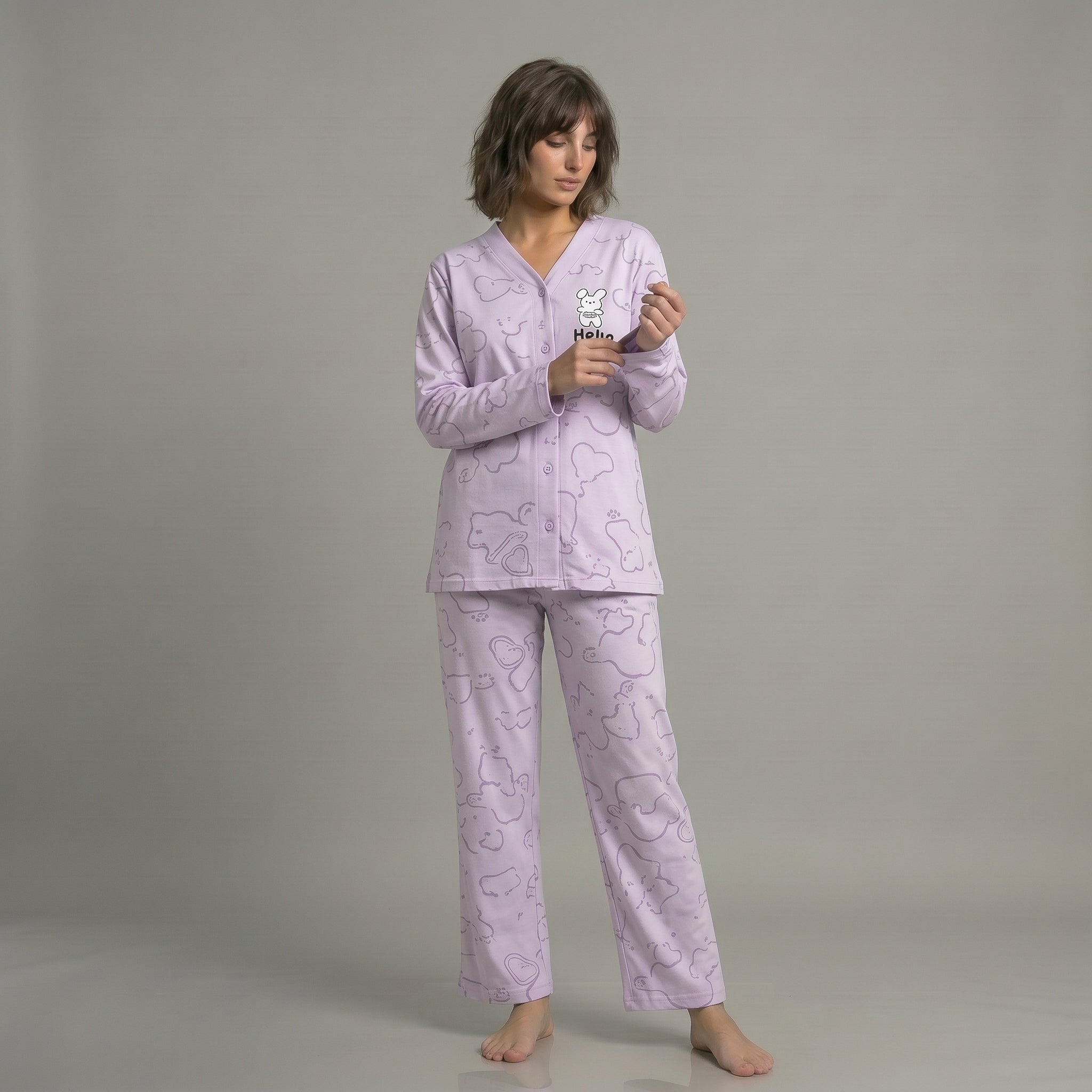 Lilac Love Bunny Printed V-Neck Button