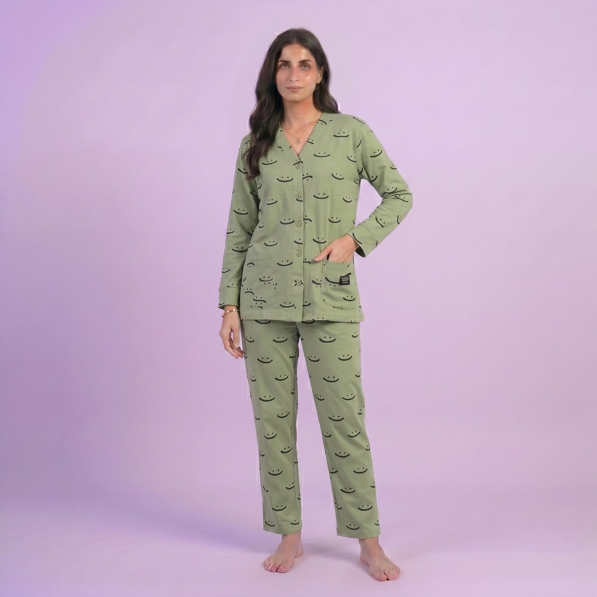 Green Autumn Smiley V-Neck Button