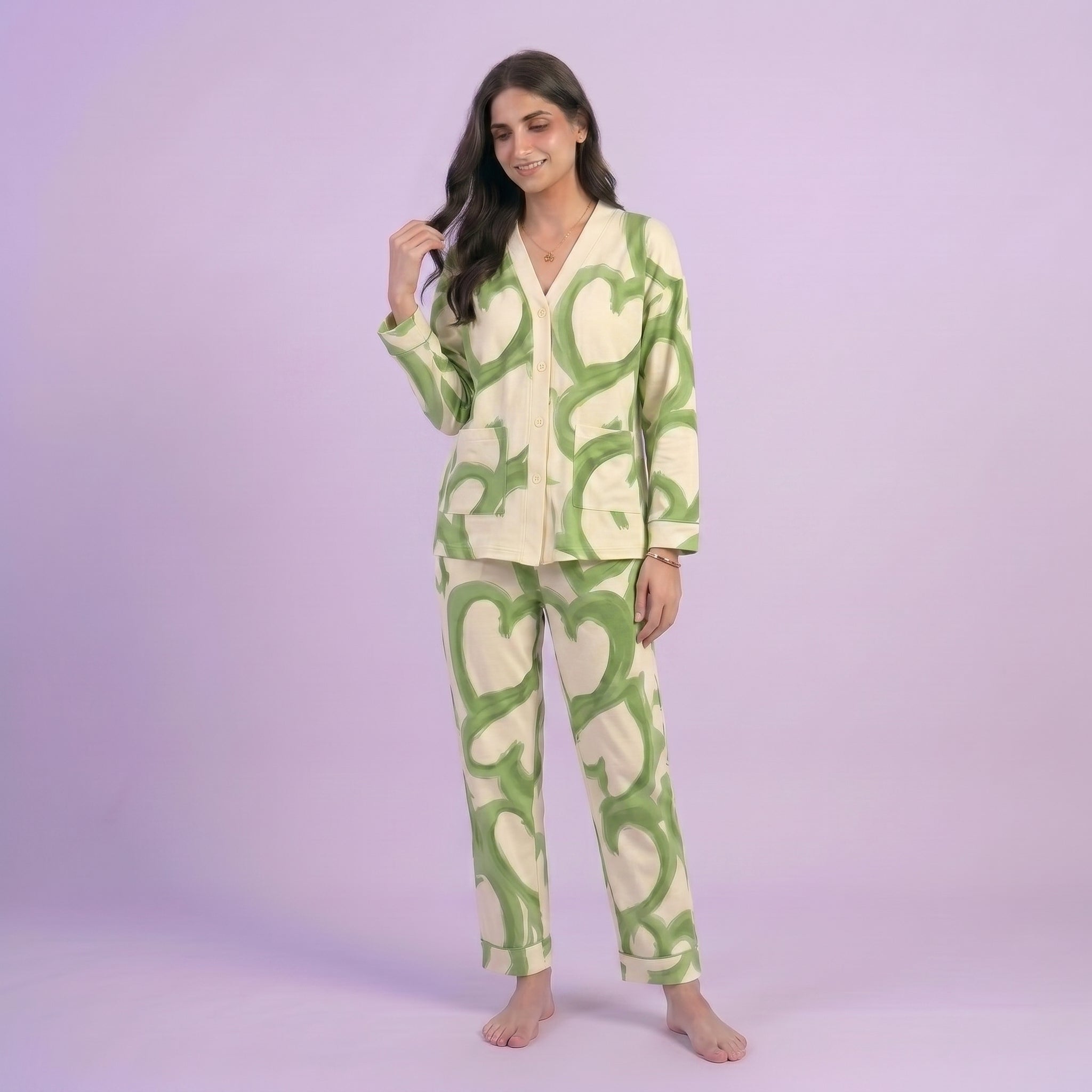 Green Hearts V-Neck Button