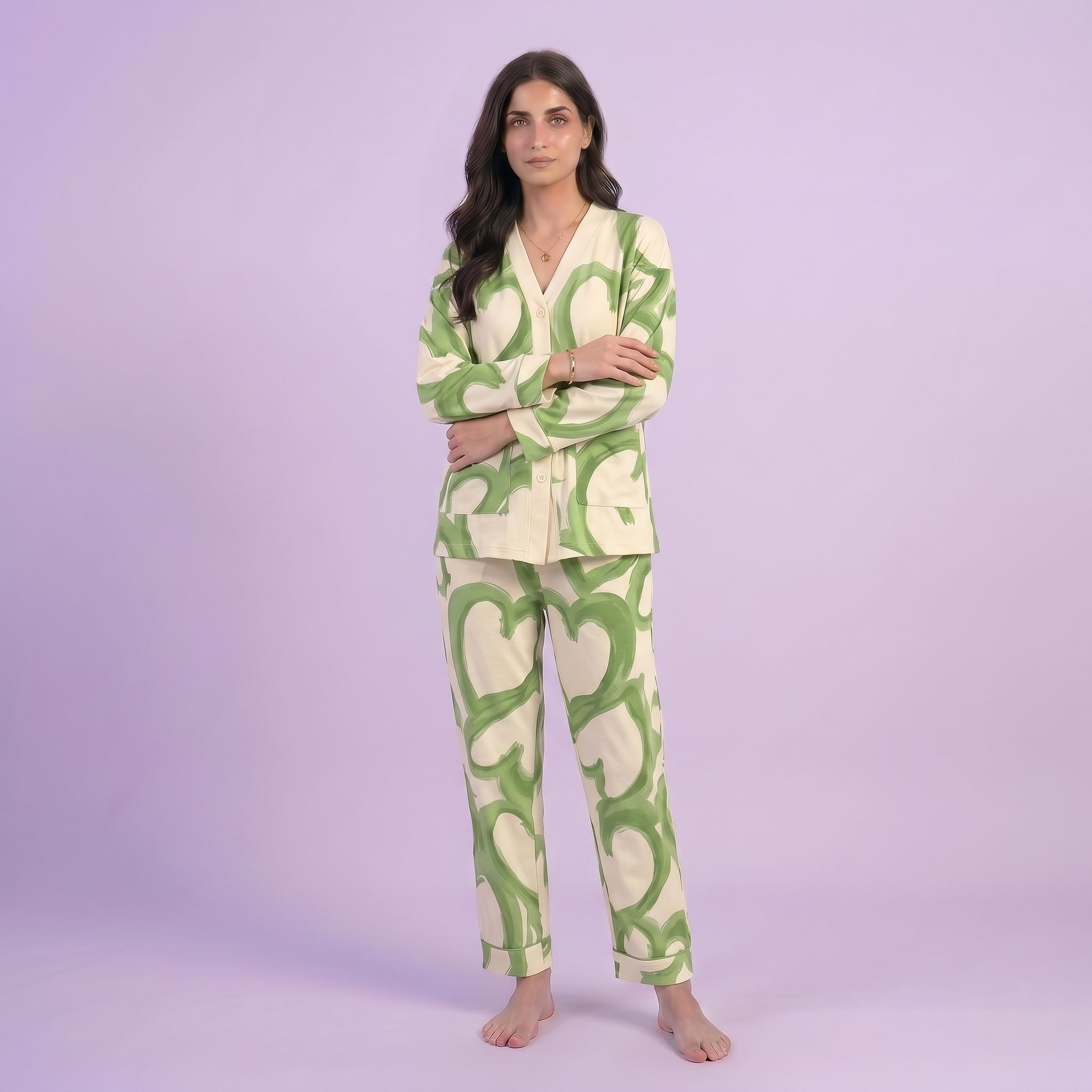 Green Hearts V-Neck Button