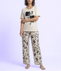 Cream Leaf Printed Night Suit