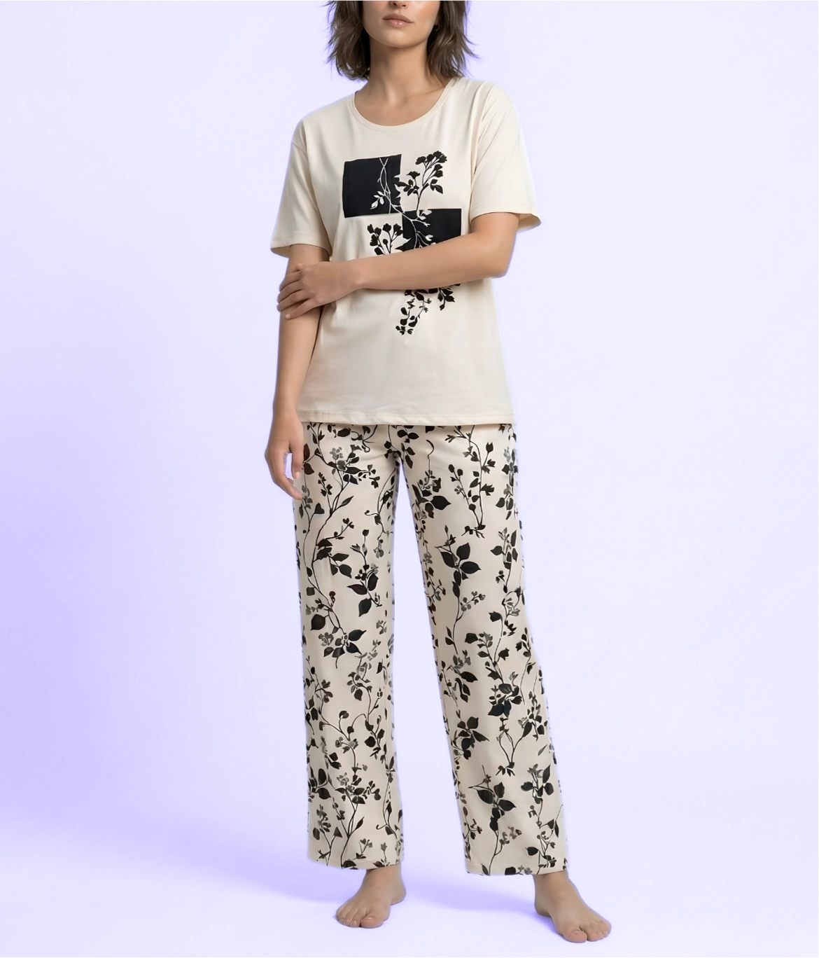 Cream Leaf Printed Night Suit