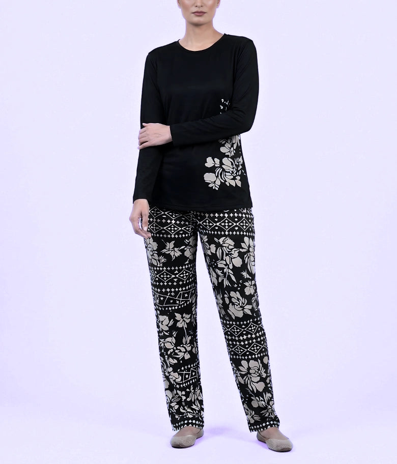 Black Leaves Cotton Night Suit