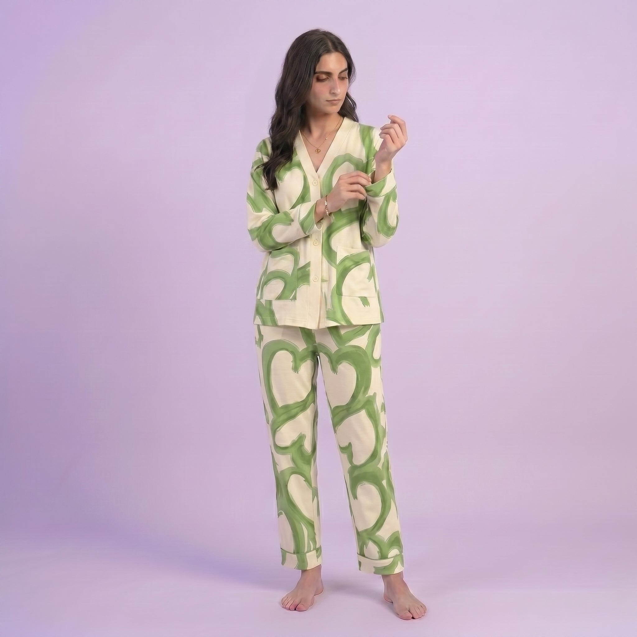 Green Hearts V-Neck Button