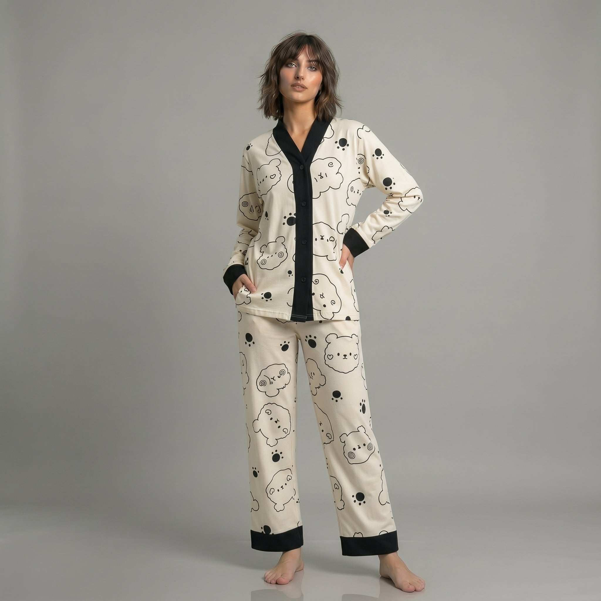 Cream with Black Bears V-Neck Button
