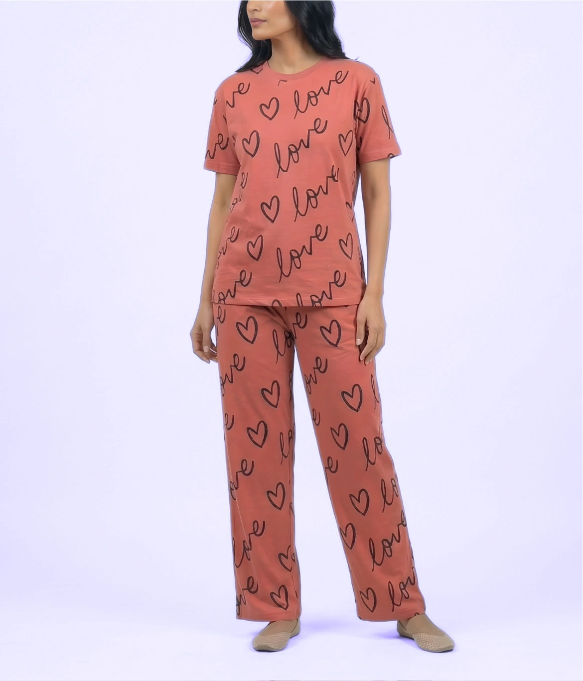 Pink Heart Print Cotton Nightwear Set