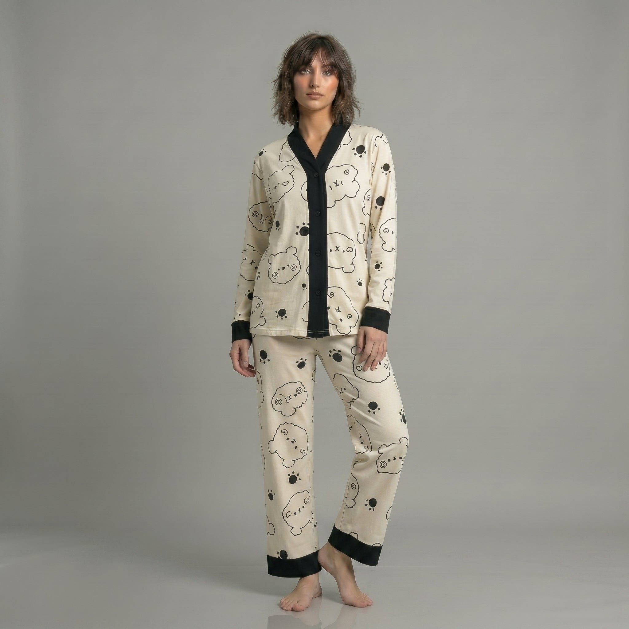 Cream with Black Bears V-Neck Button