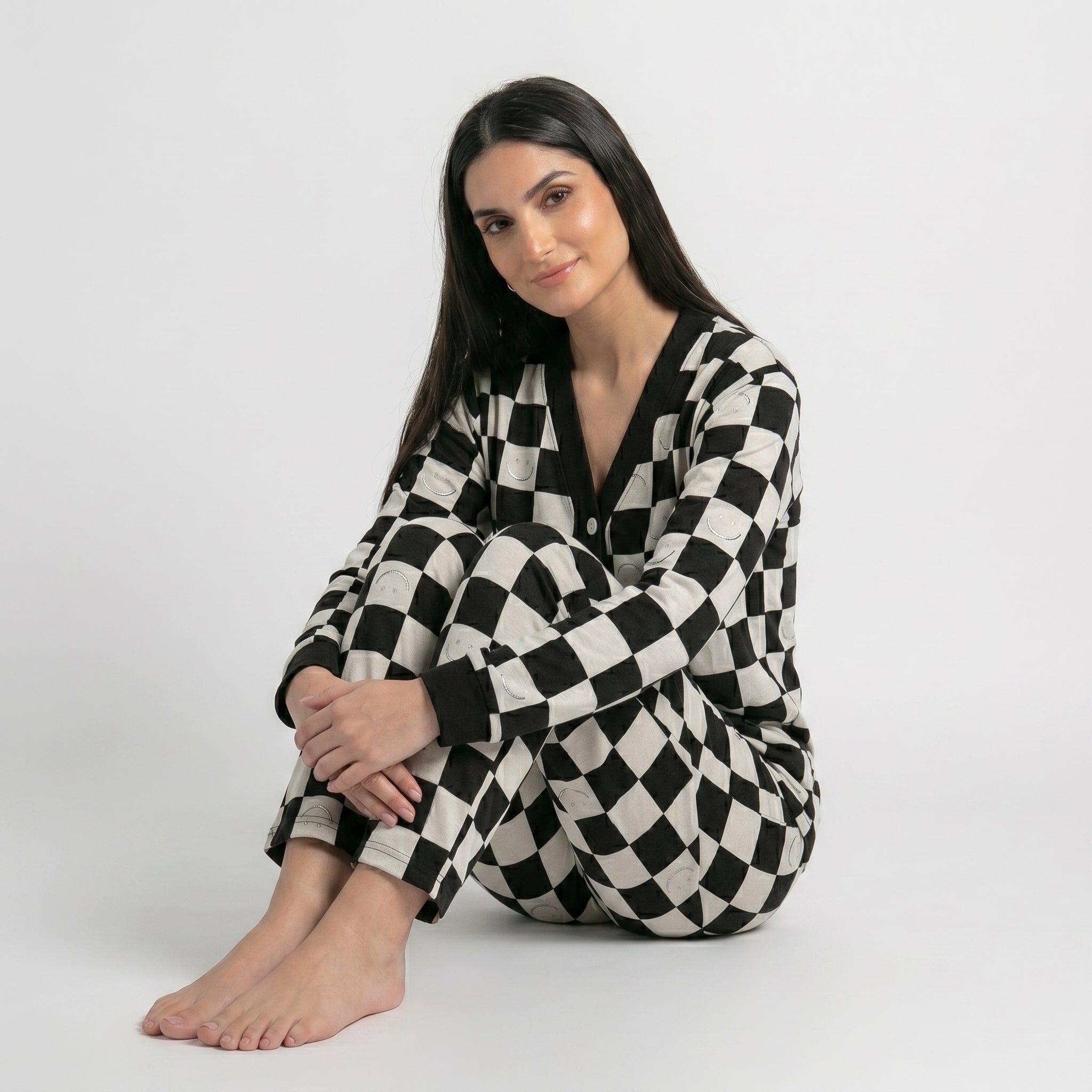Black with White Smiley Printed V-Neck Button