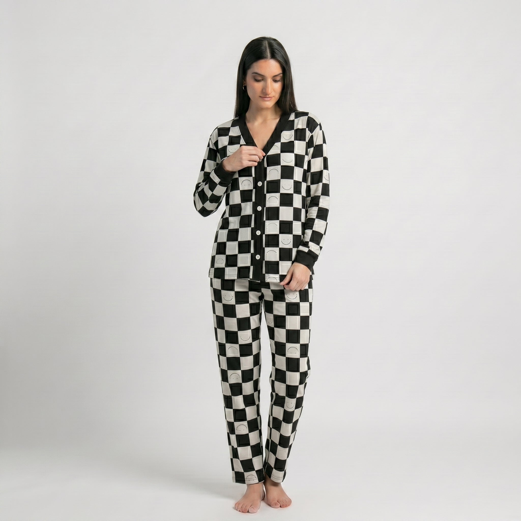 Black with White Smiley Printed V-Neck Button