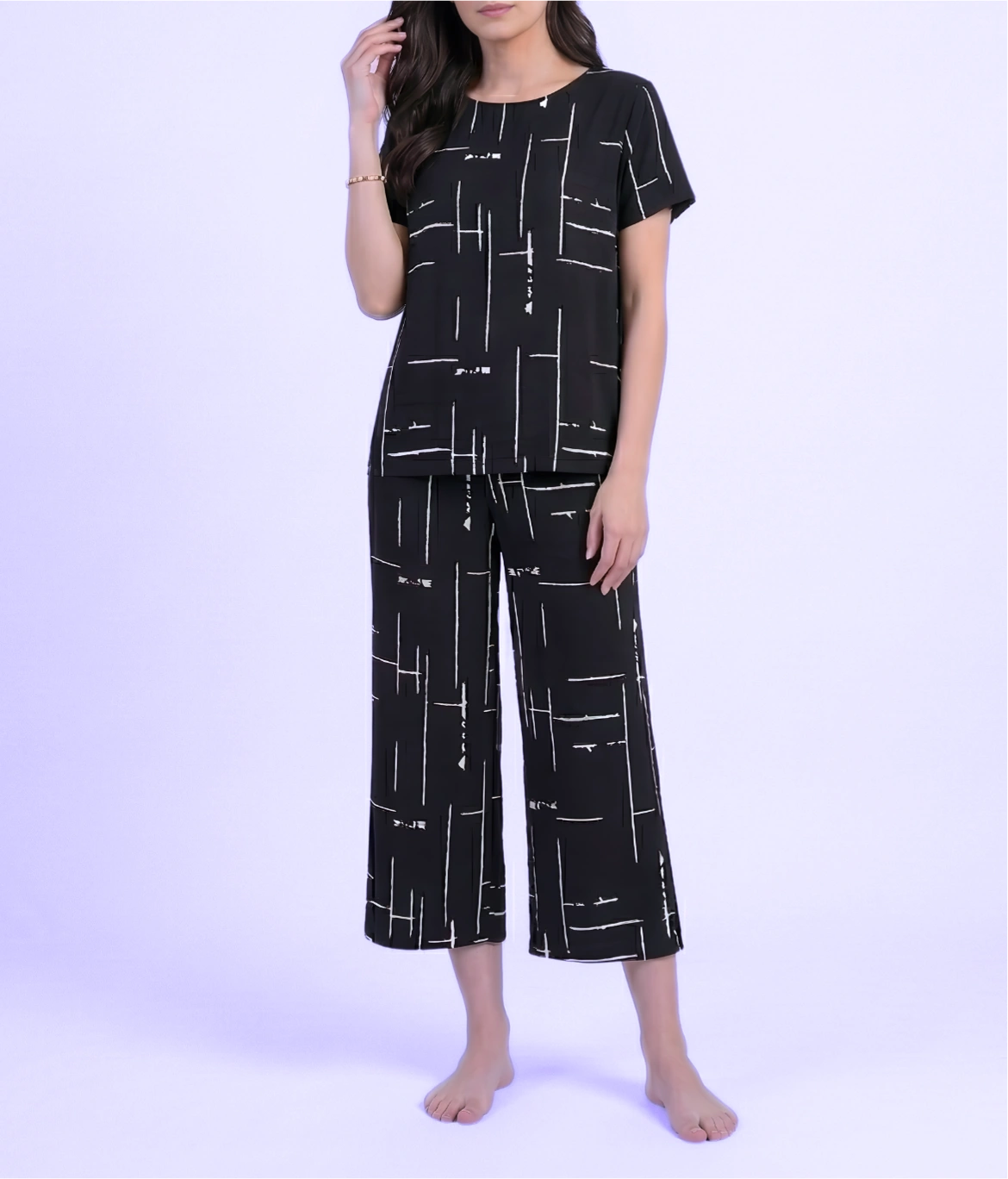 Black Cotton Printed Capri Night Suit