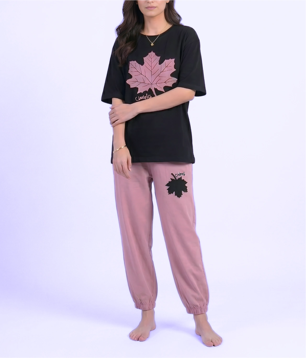 Pink Maple Leaf Casual Cotton Night Suit