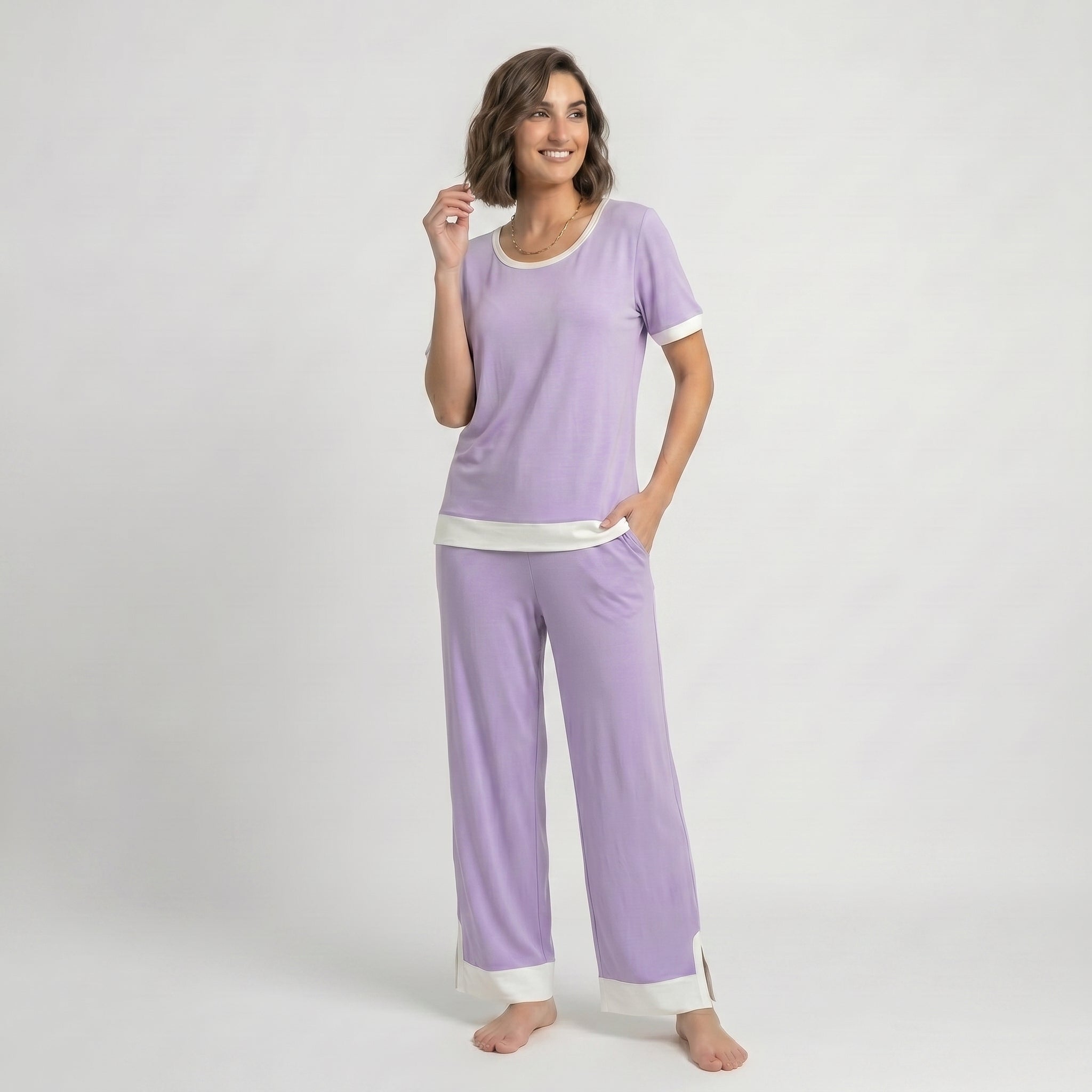 Purple White Round Neck Palazzo