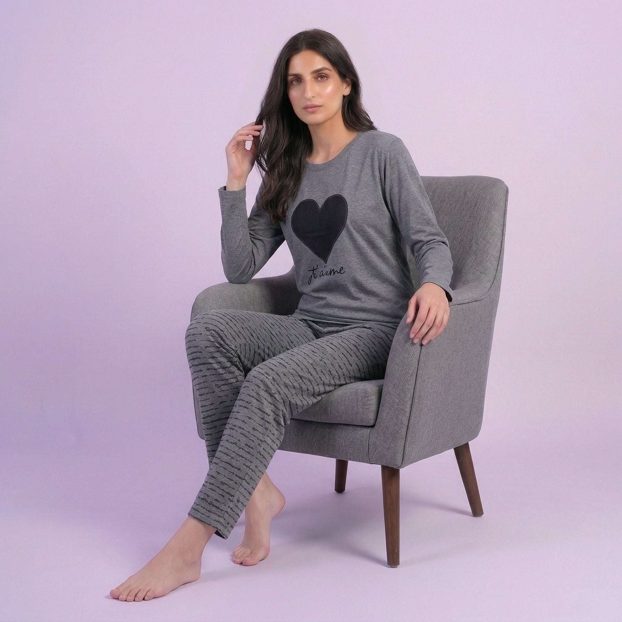 Black Heart Print Cotton Nightwear Set