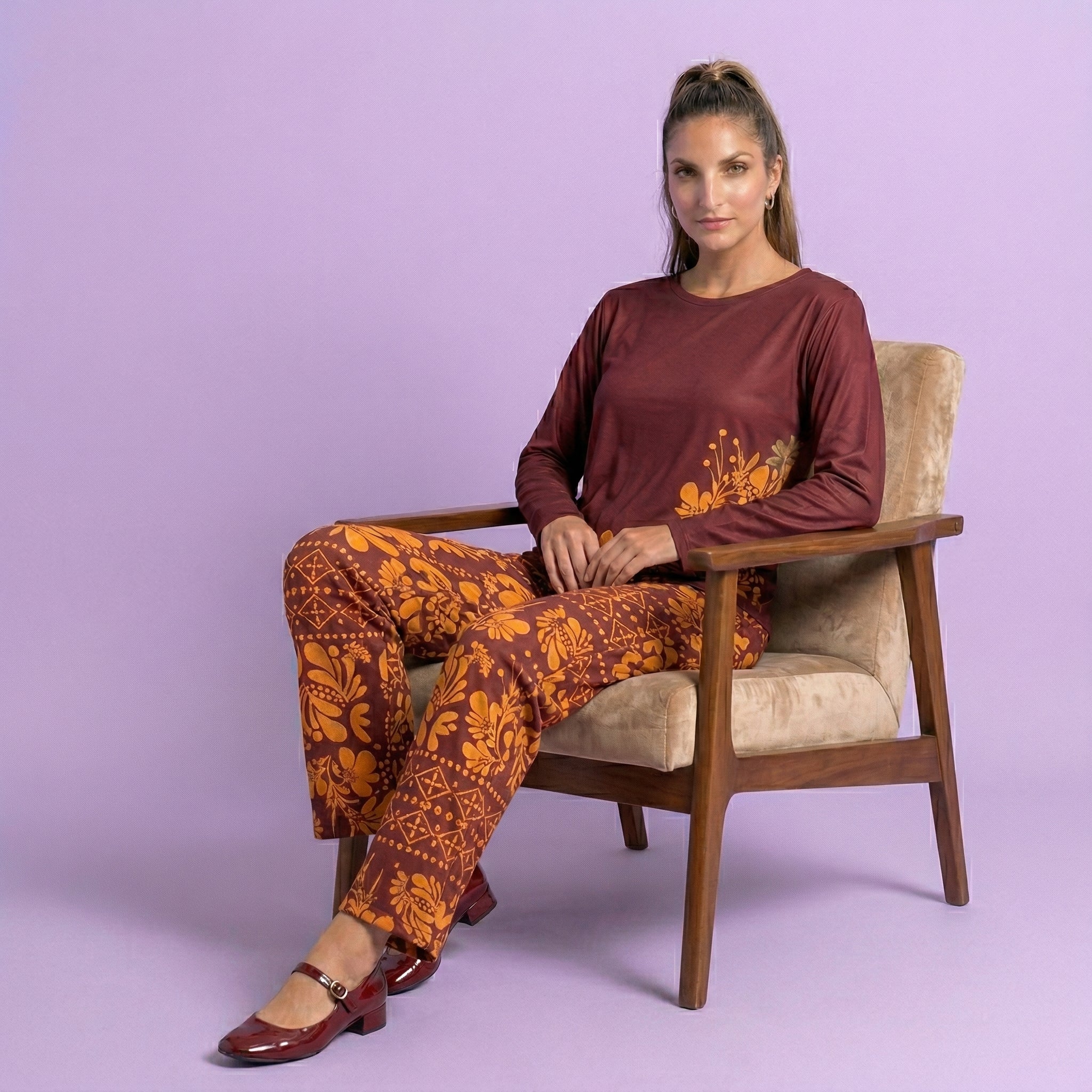 Maroon Leaf Print Cotton Nightwear Set