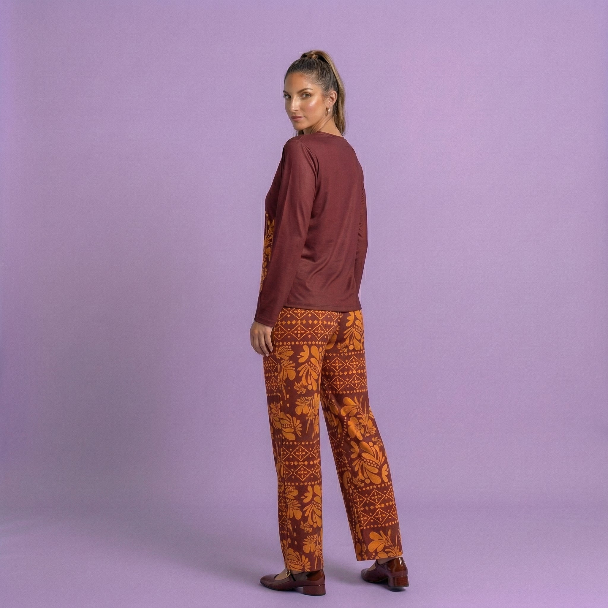 Maroon Leaf Print Cotton Nightwear Set