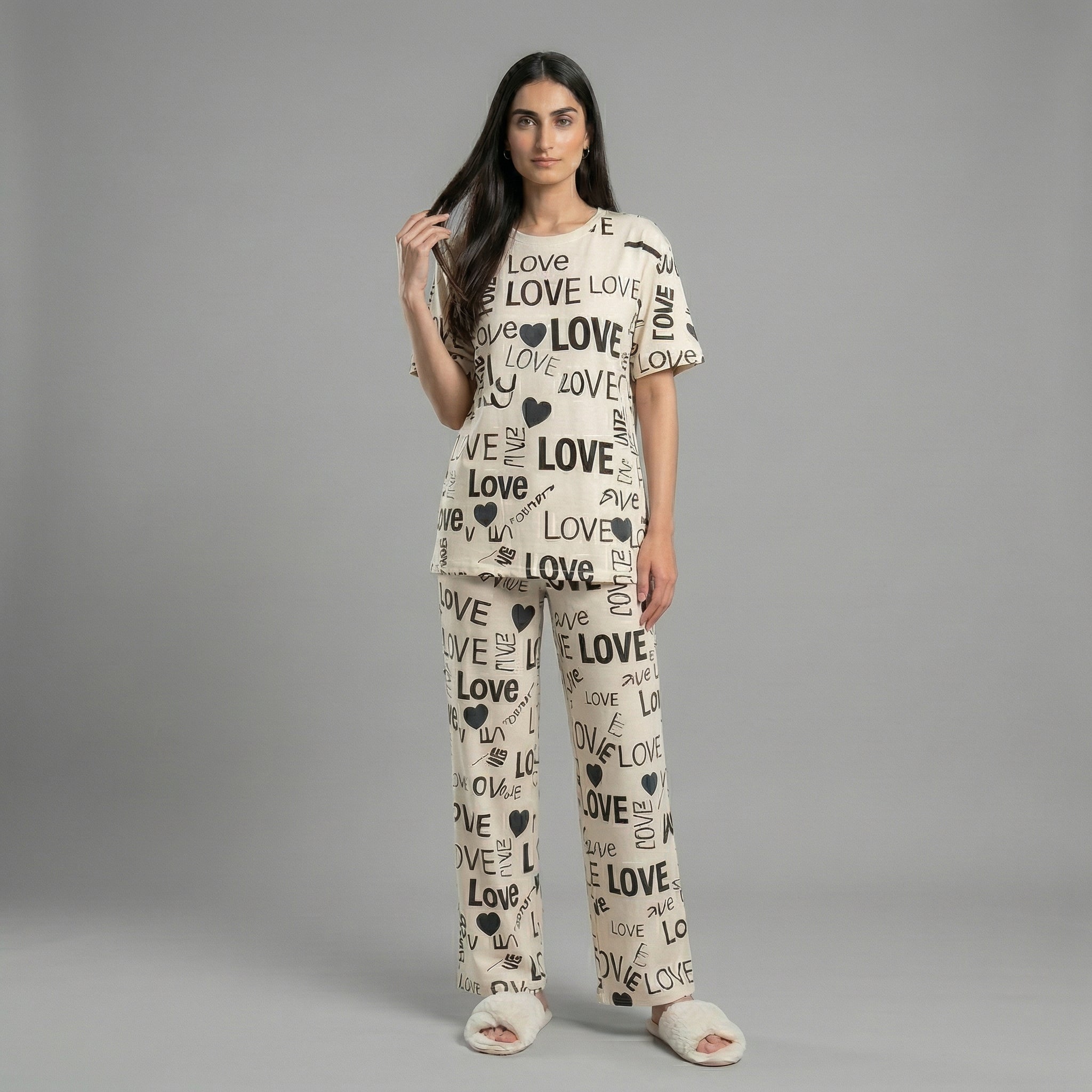 Love Print Drop Shoulder Cotton Nightwear Se