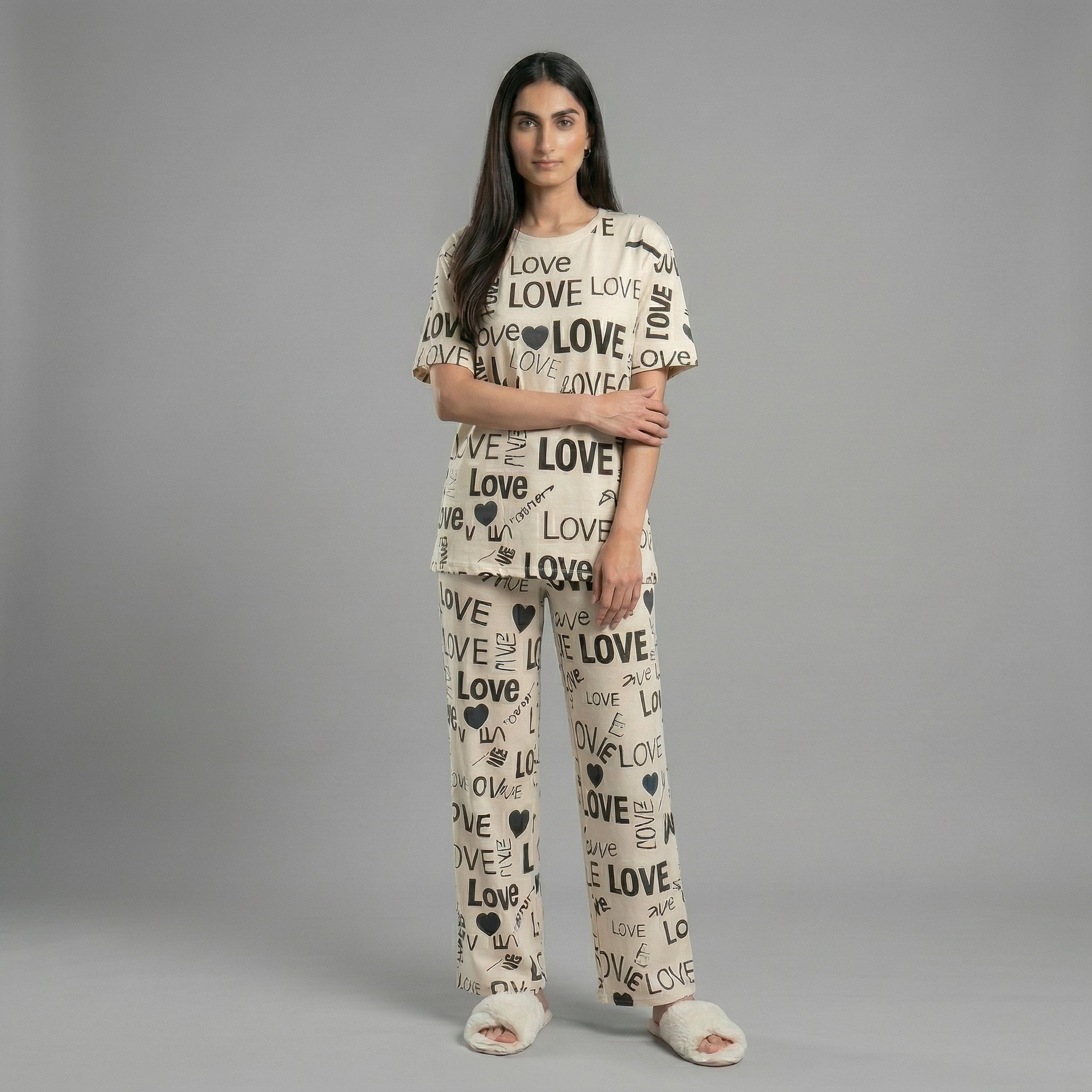 Love Print Drop Shoulder Cotton Nightwear Se