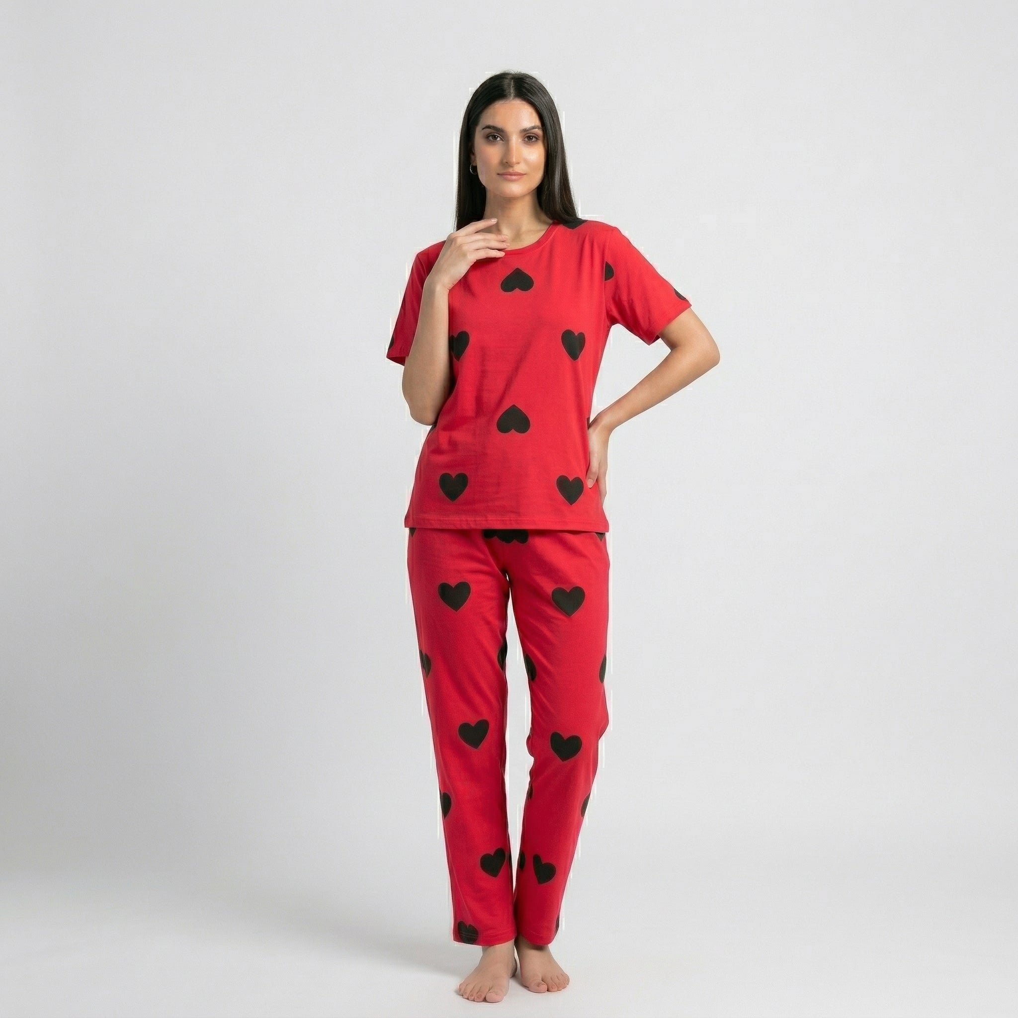 Black Multi Hearts Printed Night Suit
