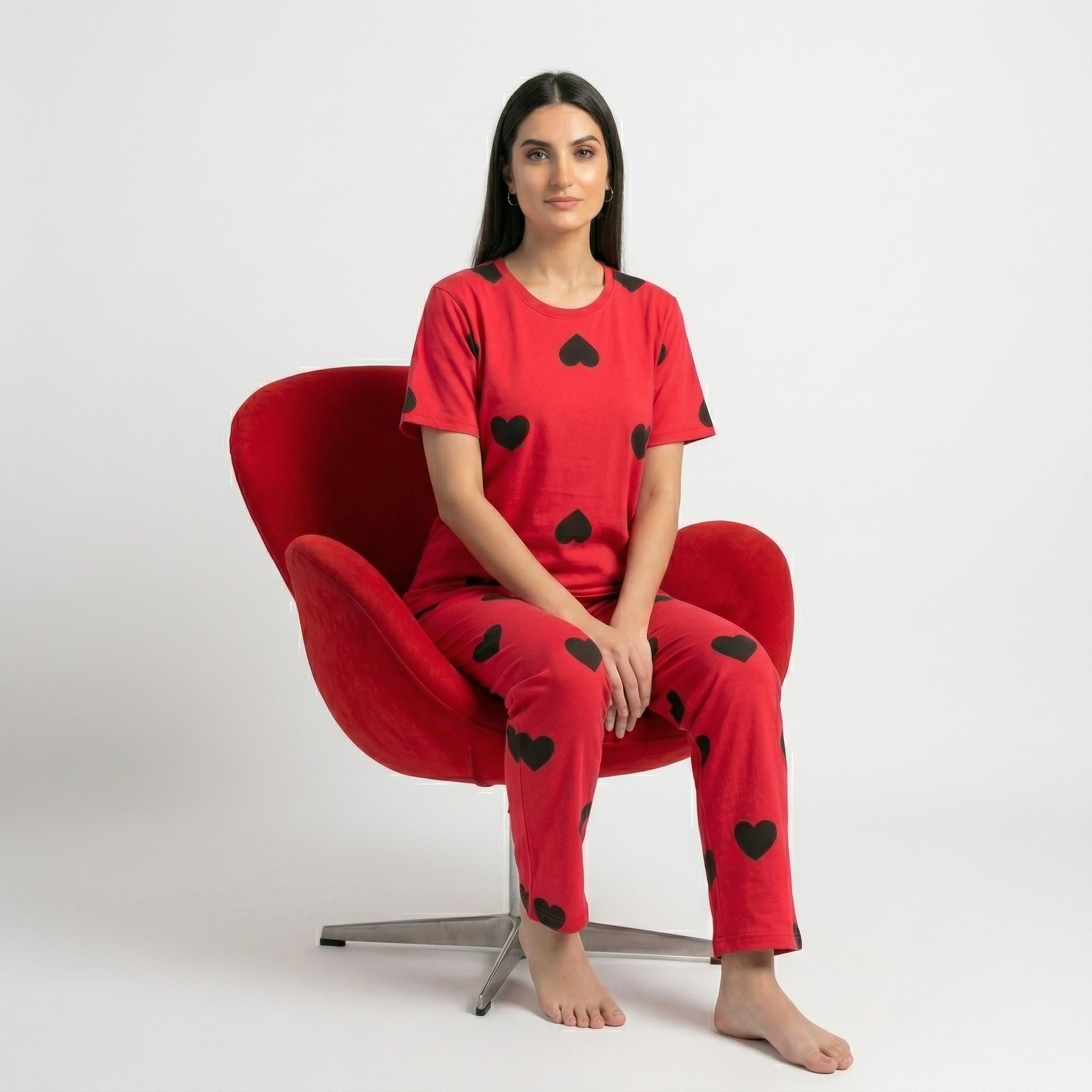 Black Multi Hearts Printed Night Suit