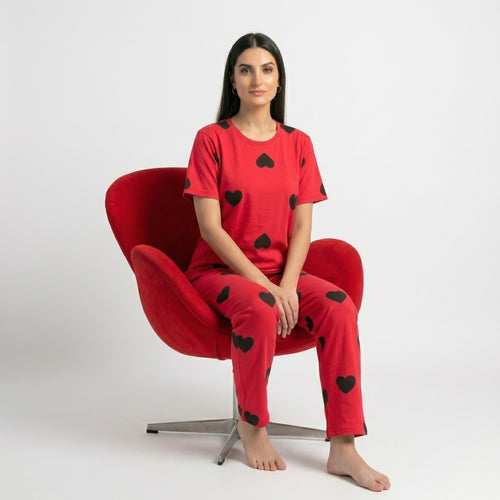 Black Multi Hearts Printed Night Suit