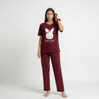 Maroon Stay Cute Print Nightwear Set