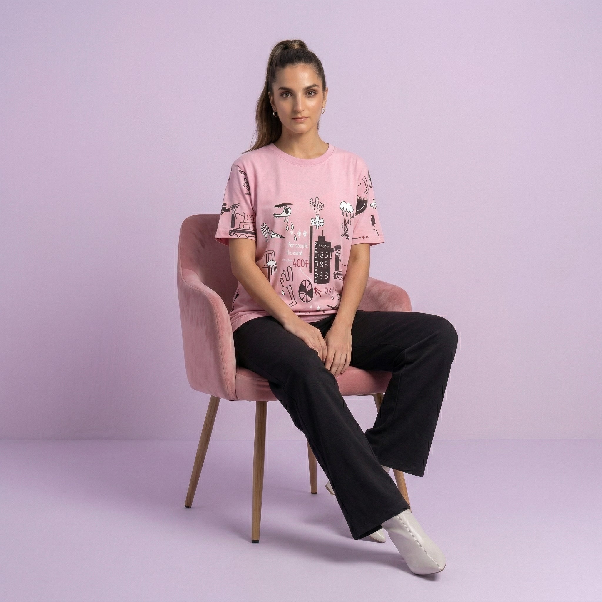 Pink Planet Music Printed Night Suit
