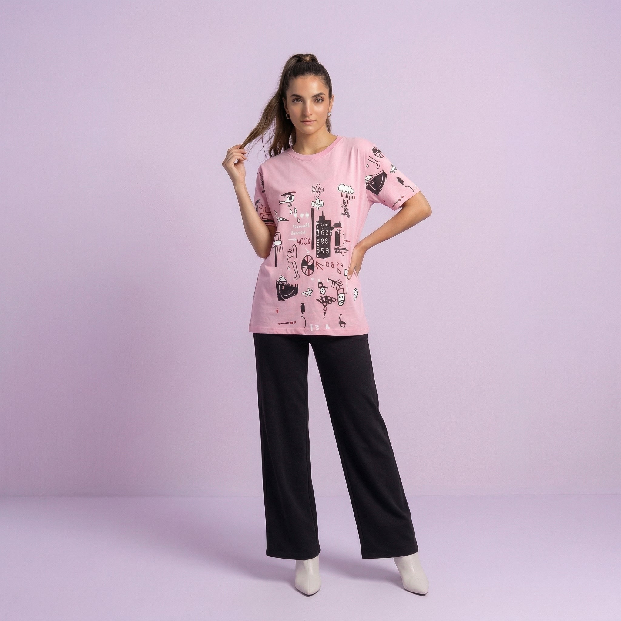 Pink Planet Music Printed Night Suit