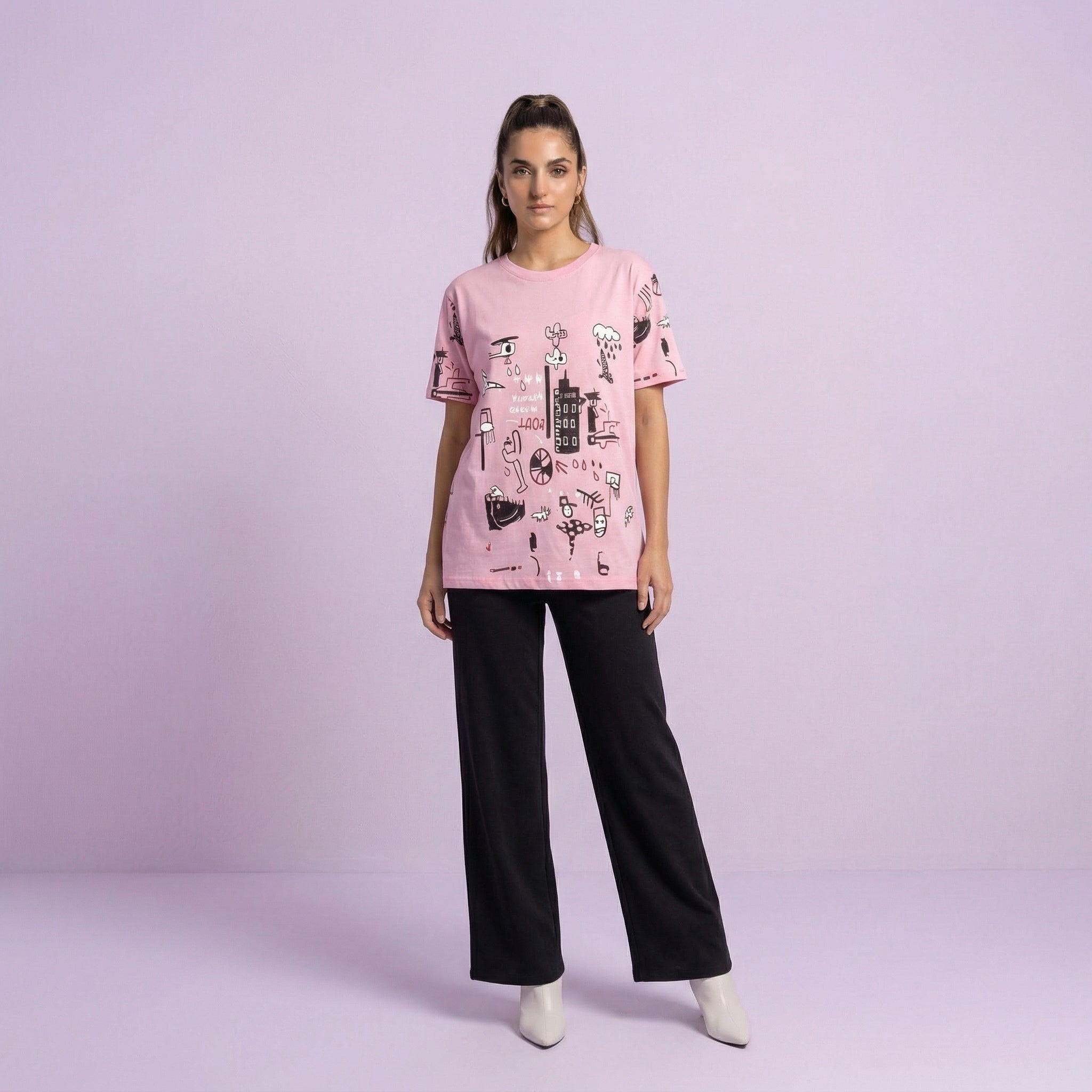 Pink Planet Music Printed Night Suit