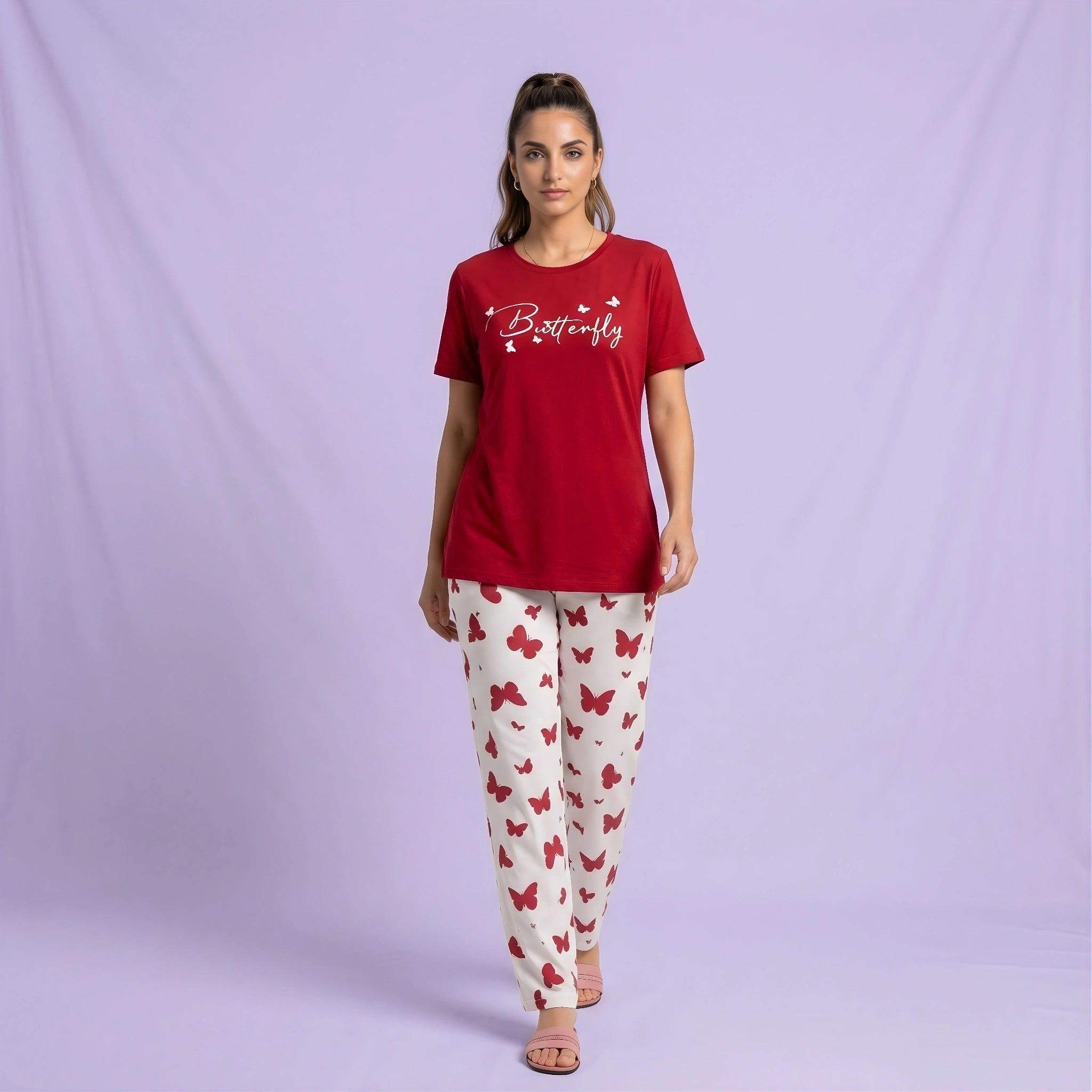 Maroon Small Butterfly Print Nightwear