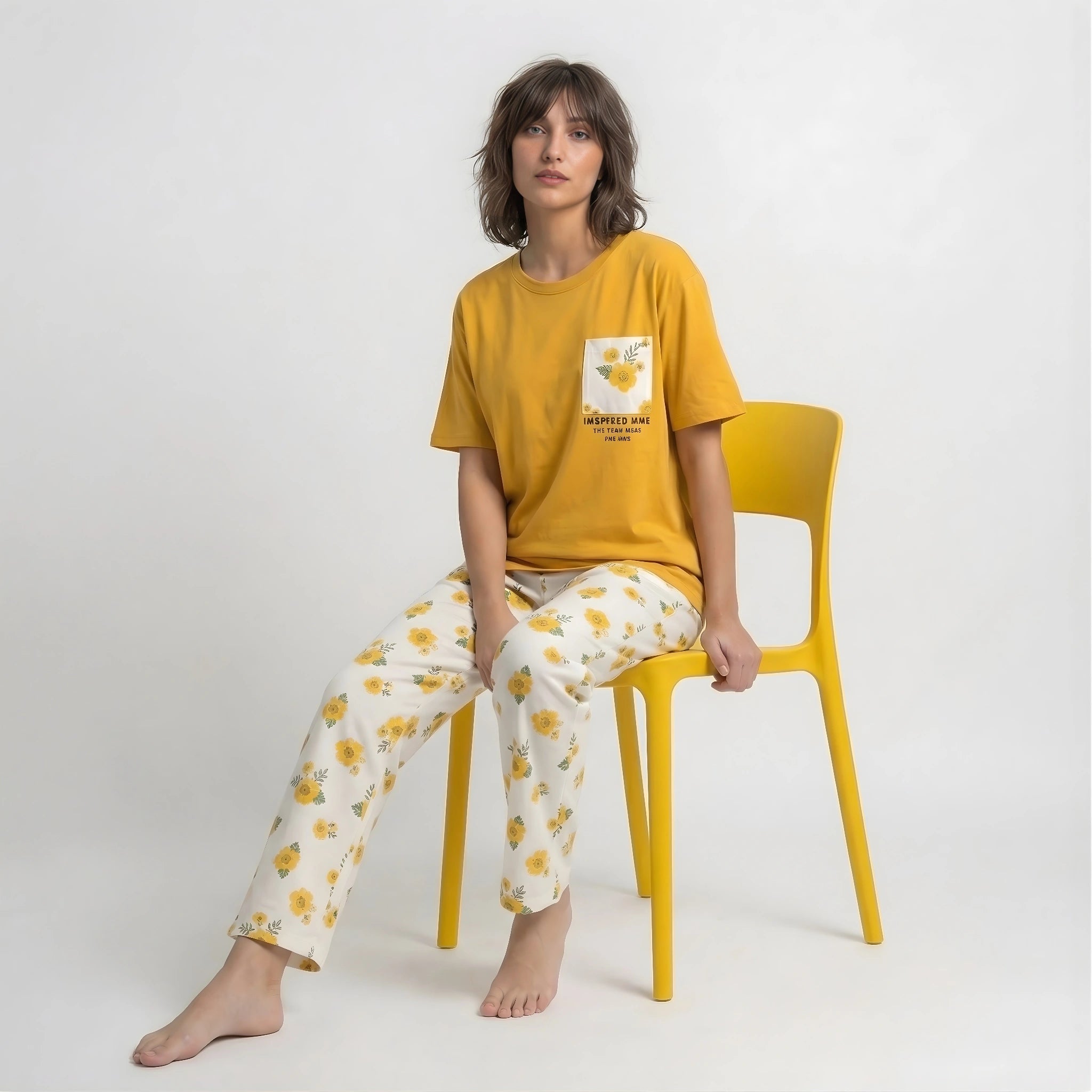 Mustard Pocket Print Cotton Nightwear