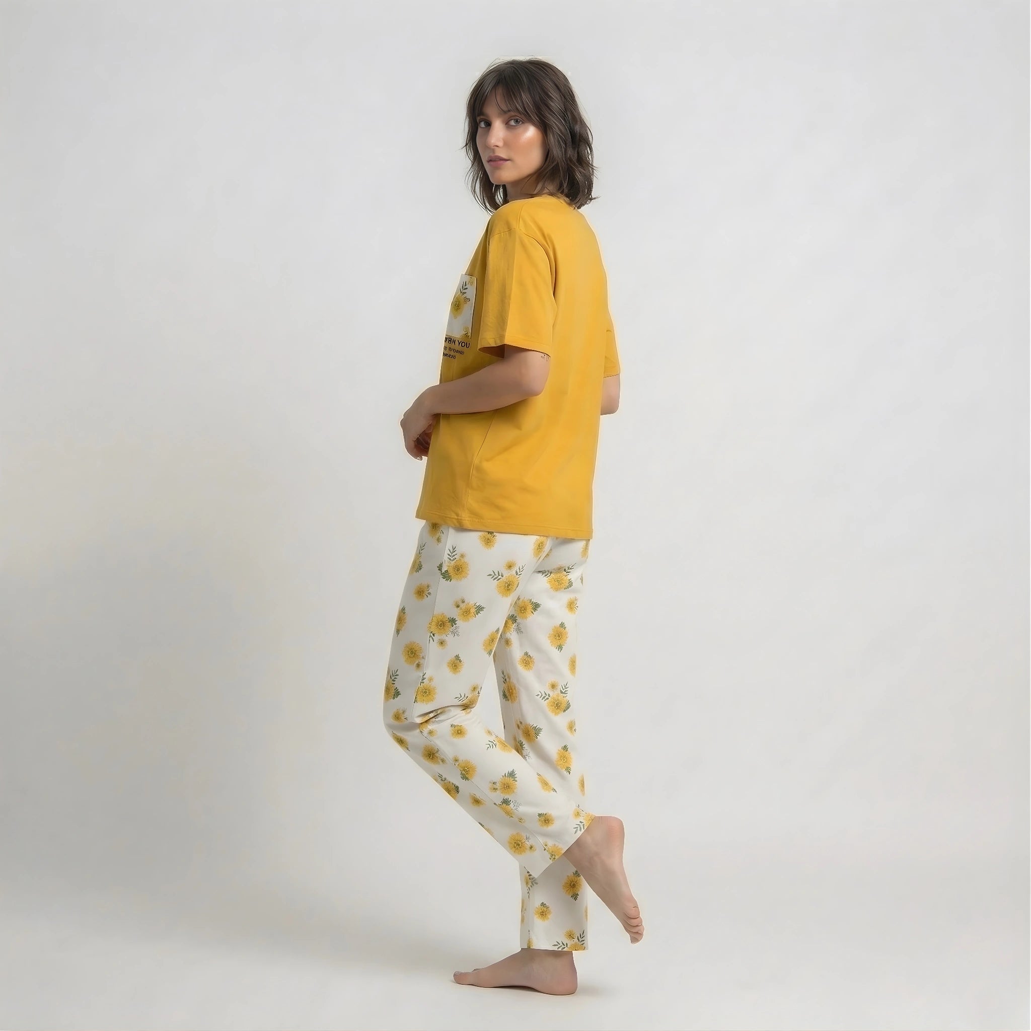 Mustard Pocket Print Cotton Nightwear