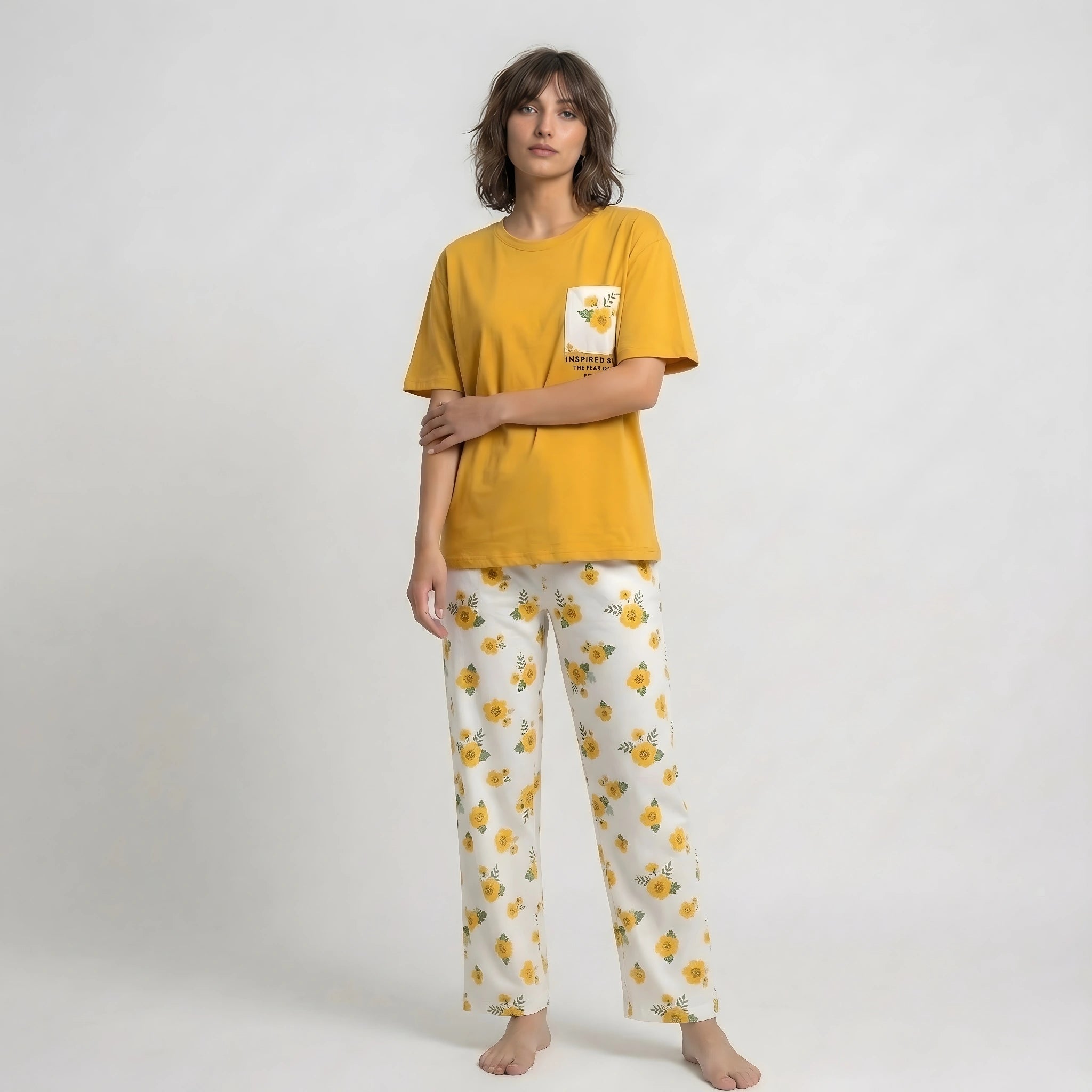 Mustard Pocket Print Cotton Nightwear
