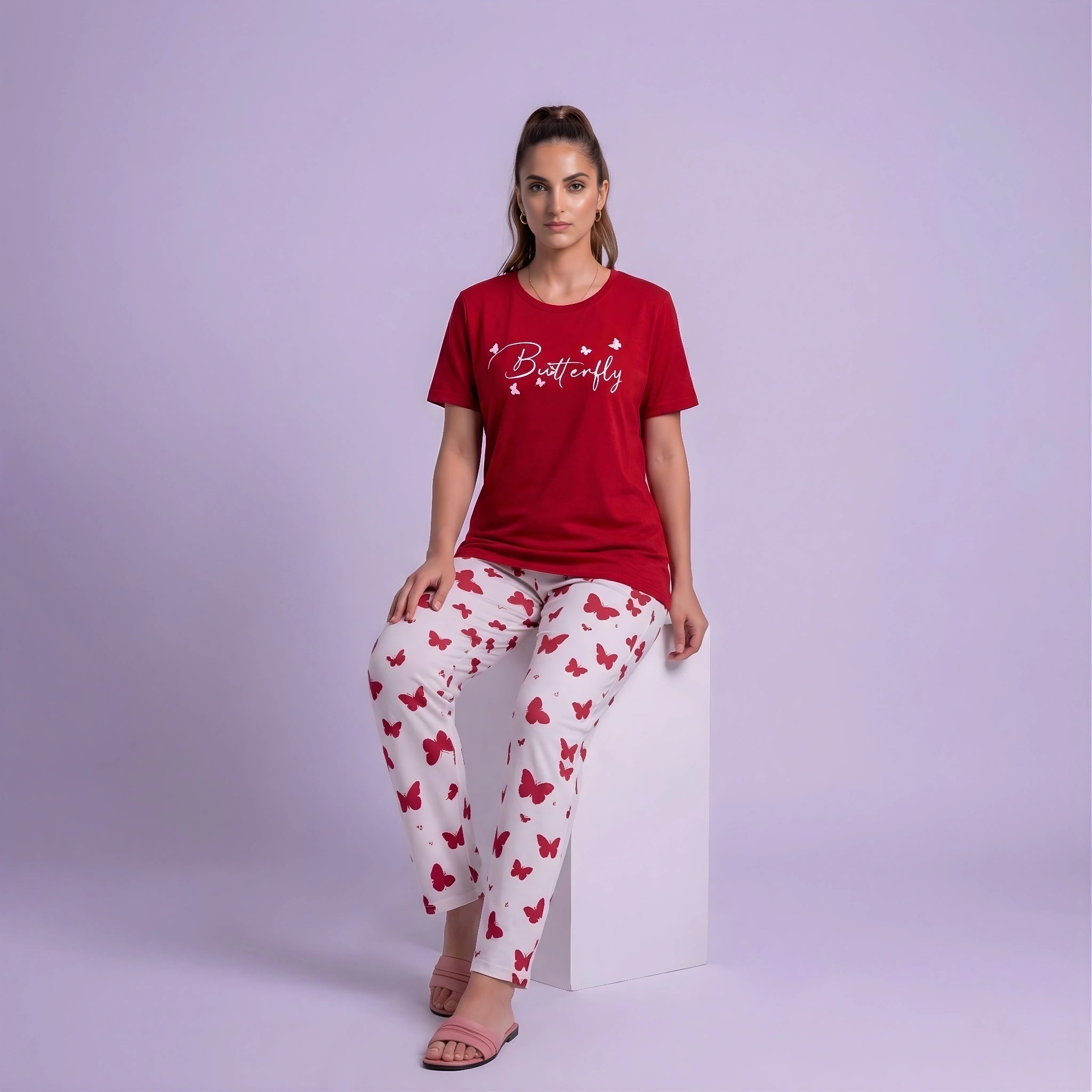 Maroon Small Butterfly Print Nightwear