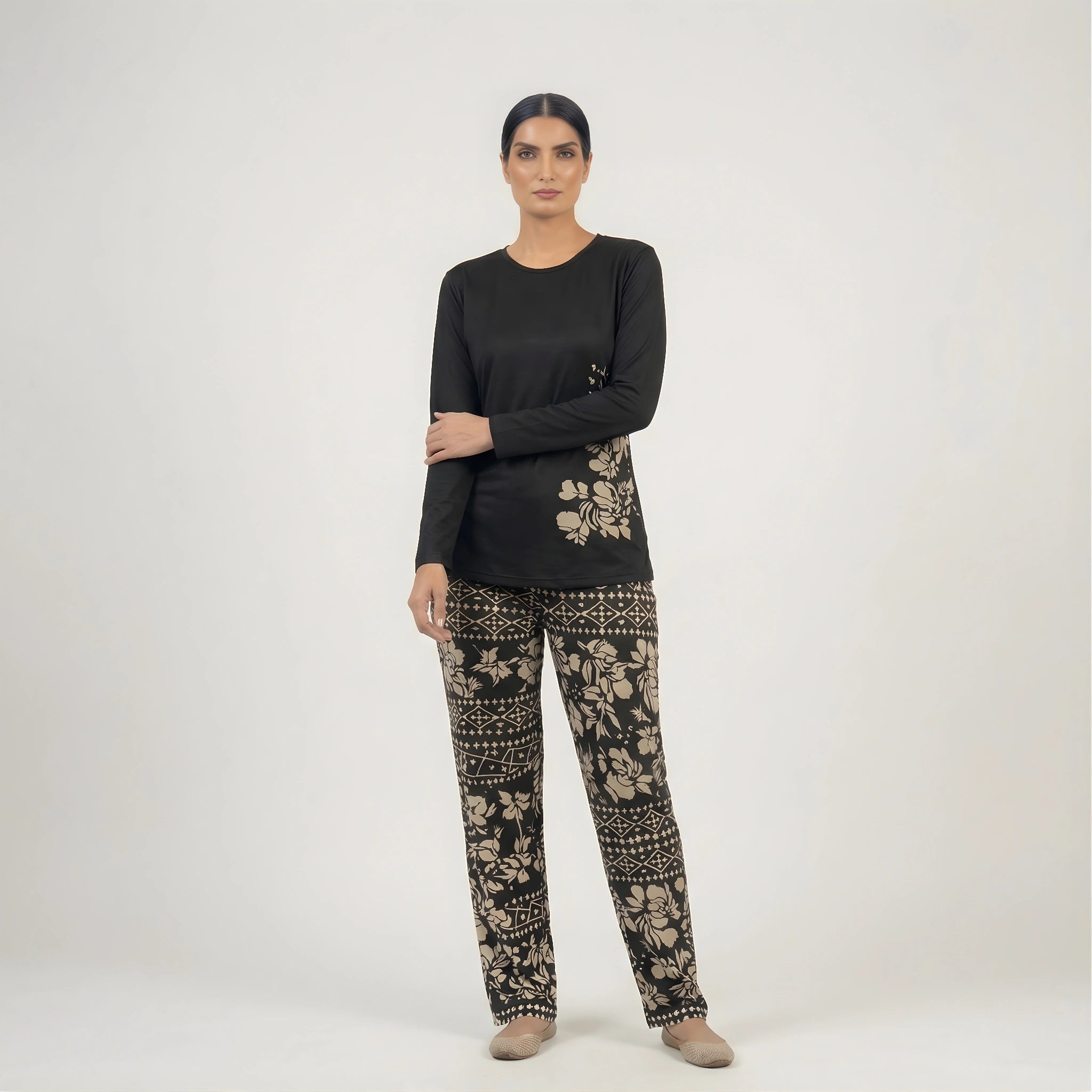 Black Leaves Cotton Night Suit