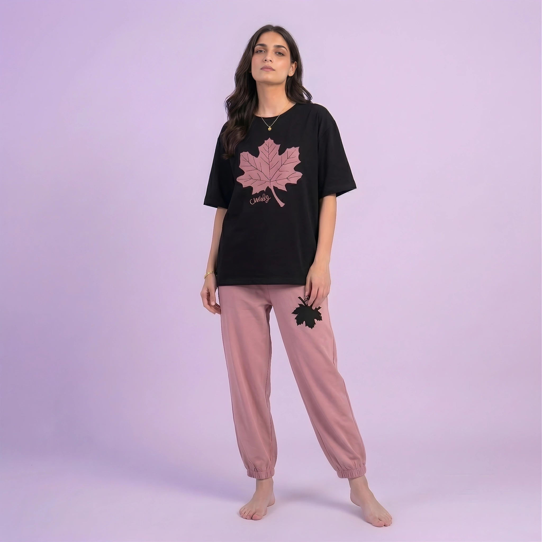 Pink Maple Leaf Casual Cotton Night Suit