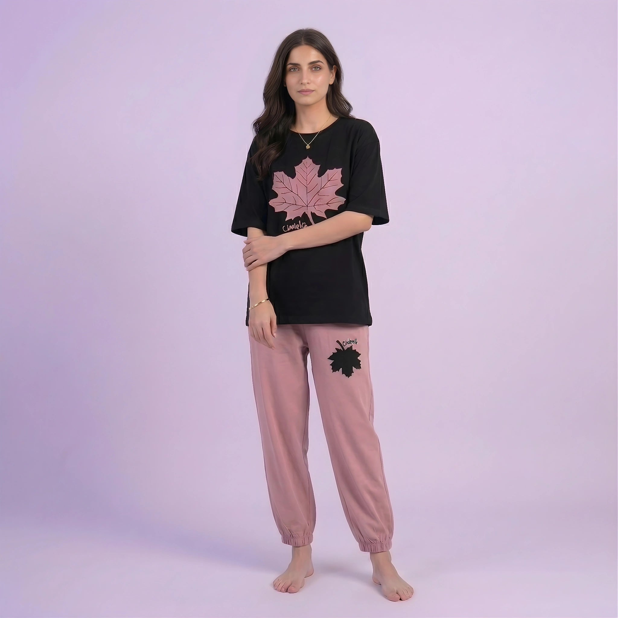 Pink Maple Leaf Casual Cotton Night Suit