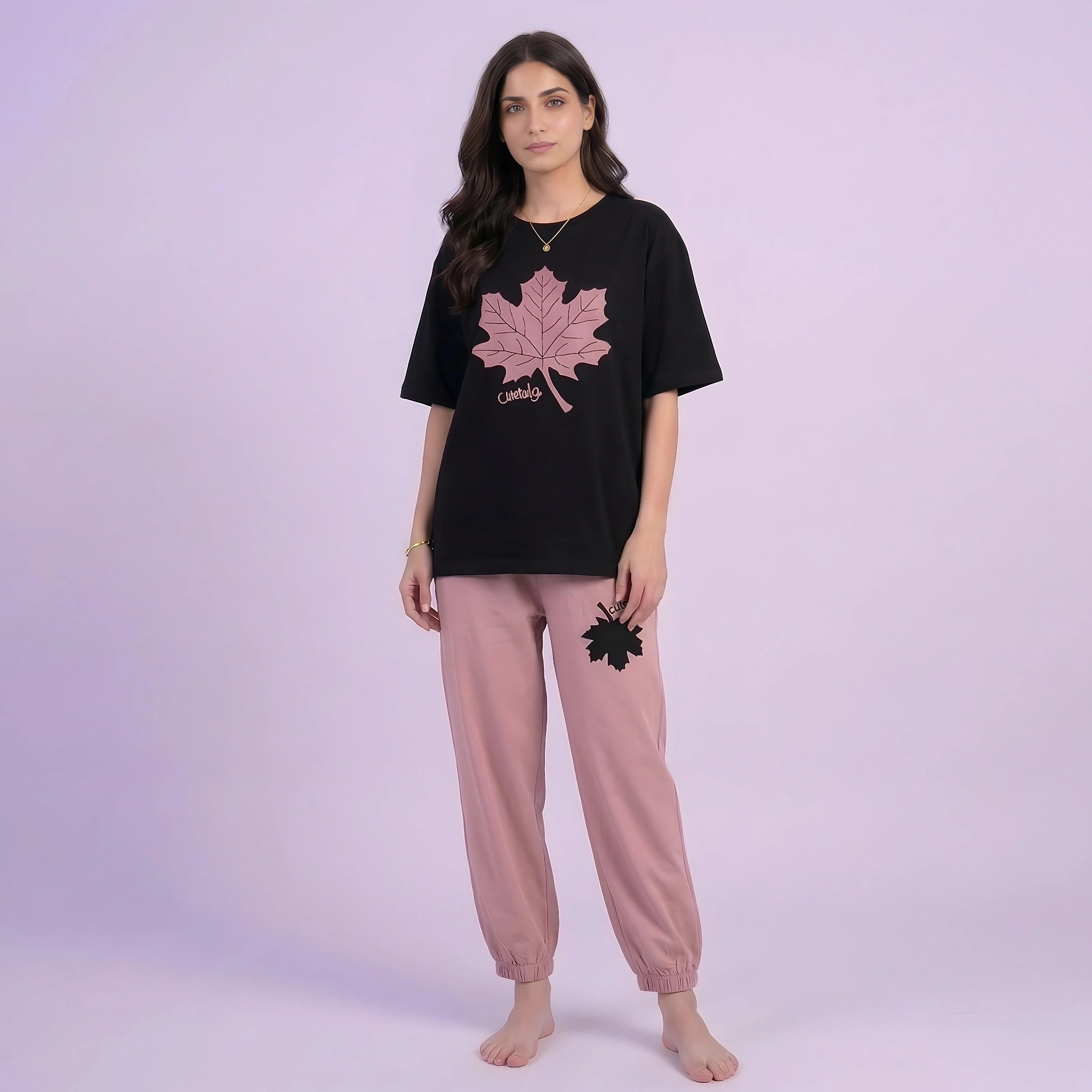 Pink Maple Leaf Casual Cotton Night Suit
