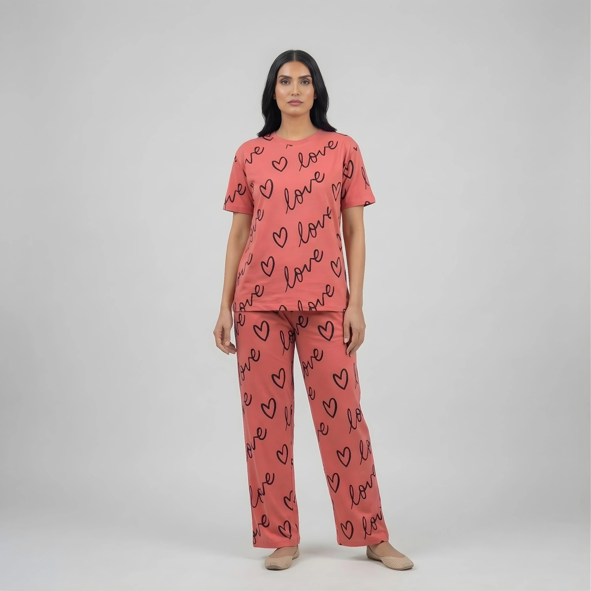 Pink Heart Print Cotton Nightwear Set