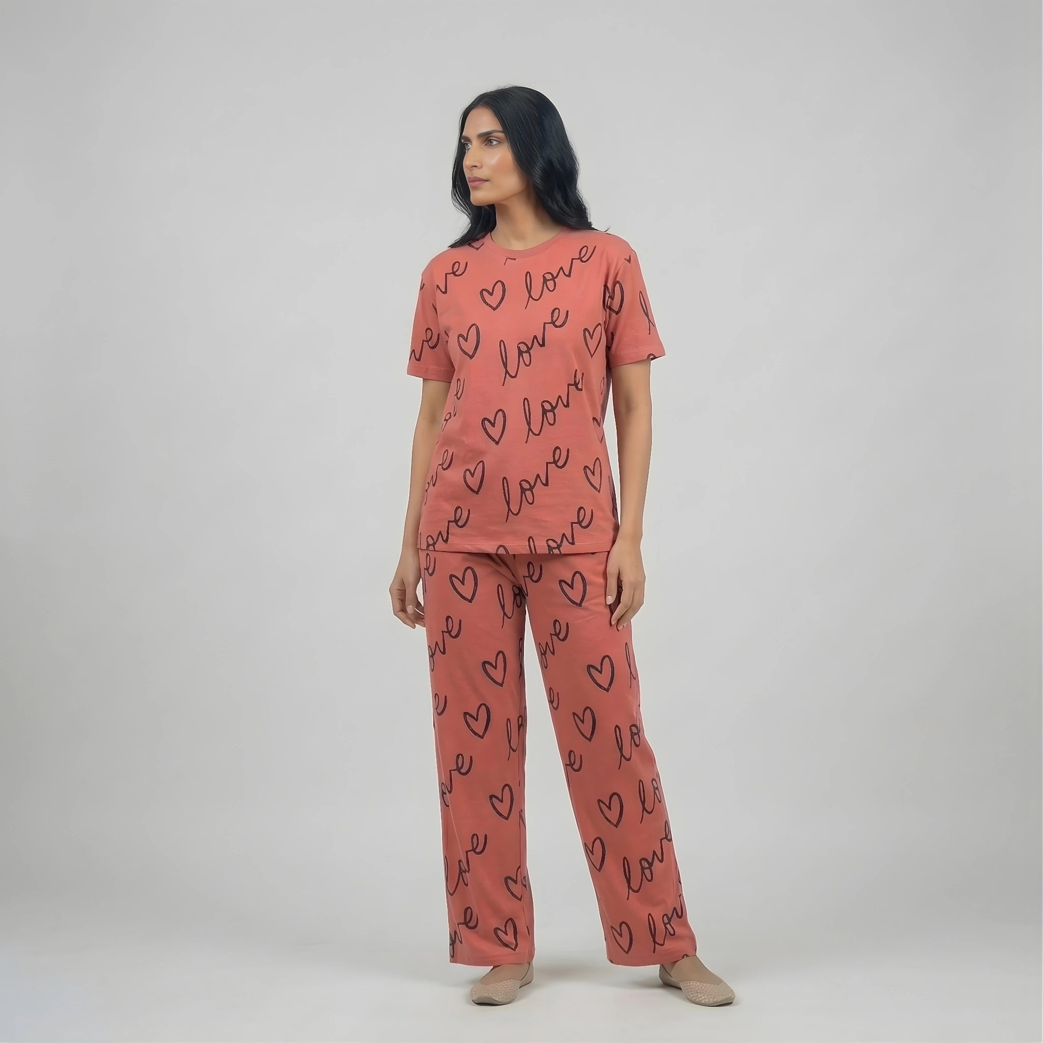 Pink Heart Print Cotton Nightwear Set