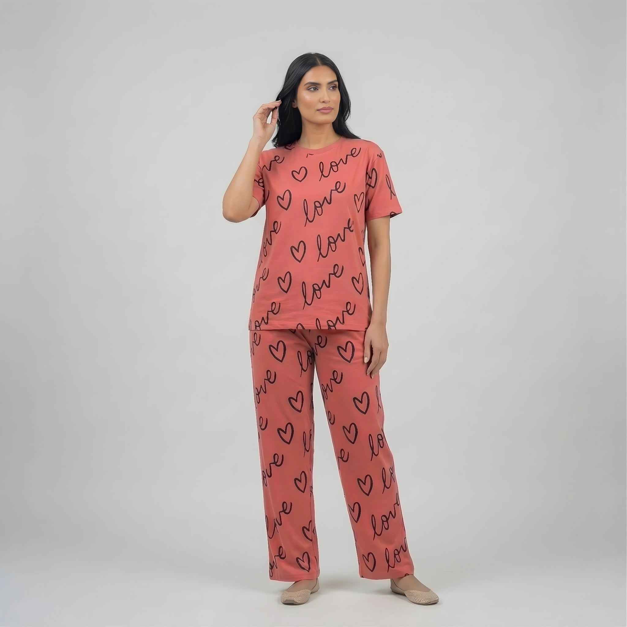 Pink Heart Print Cotton Nightwear Set